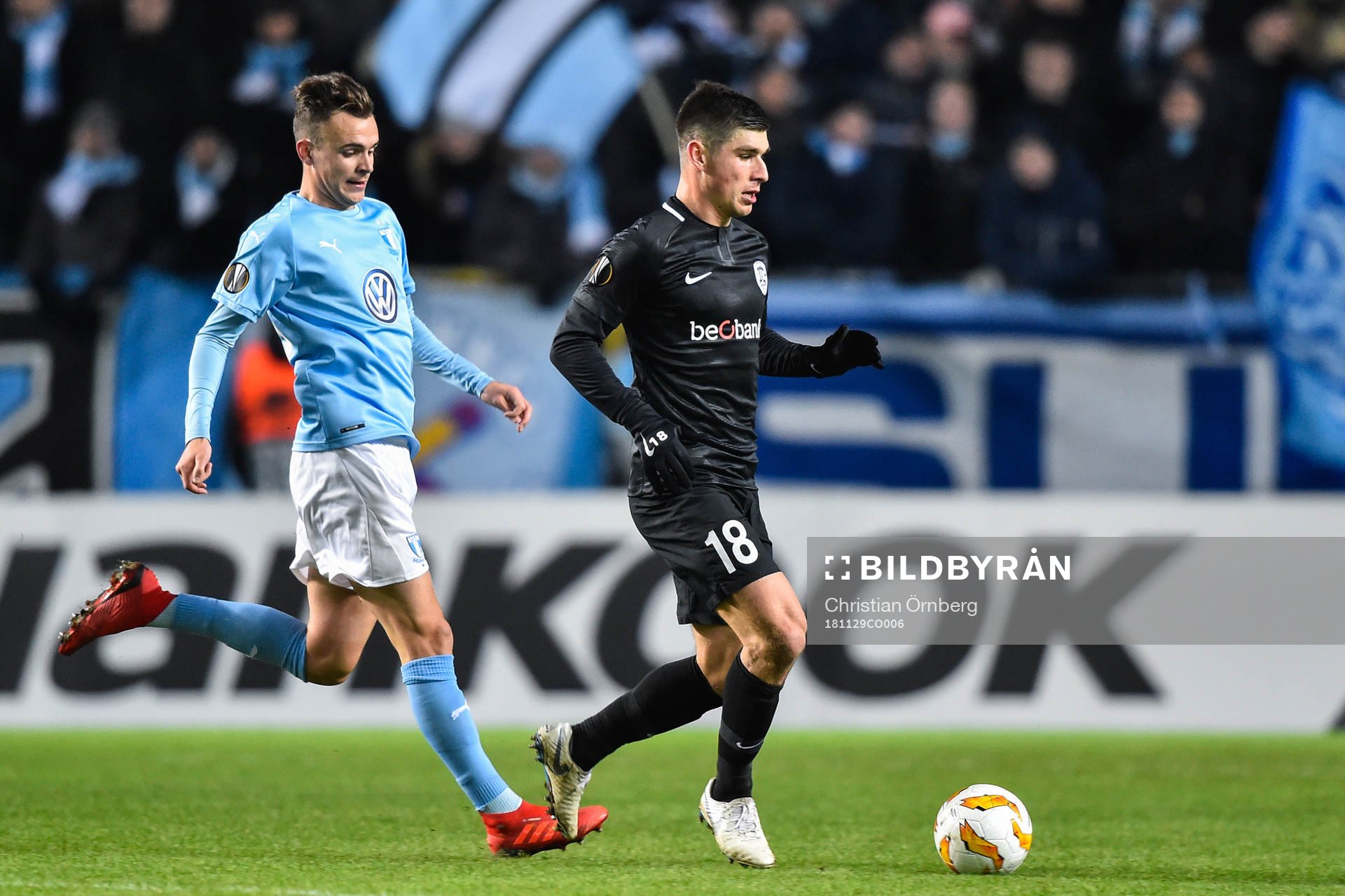 Andreas Vindheim of Malmö FF and Ruslan Malinovskyi of Genk during the Europa league match between Malmö FF and Genk on November 29, 2018 in Malmö.