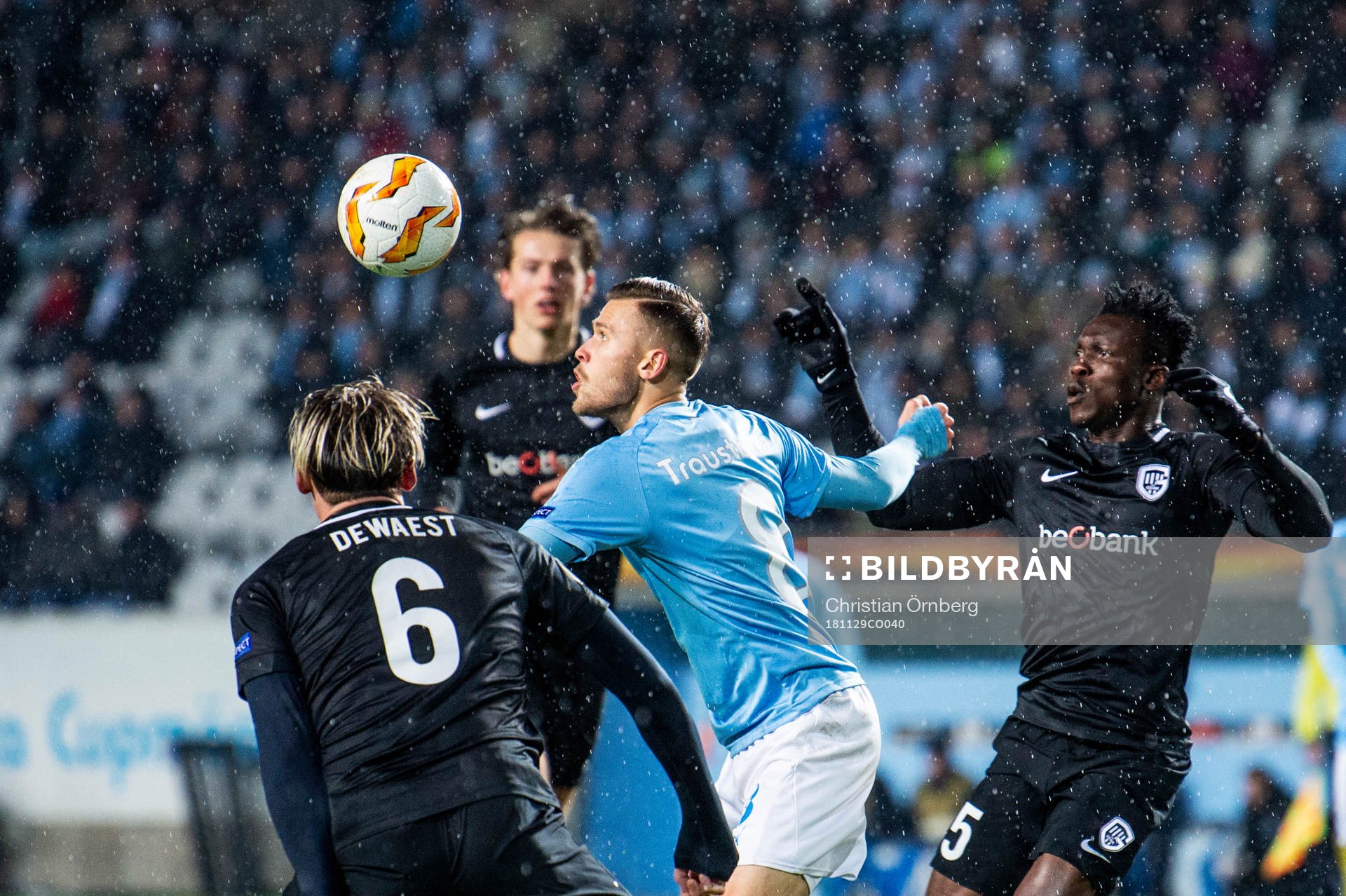 Arnór Ingvi Traustason of Malmö FF and Sebastien Dewaest