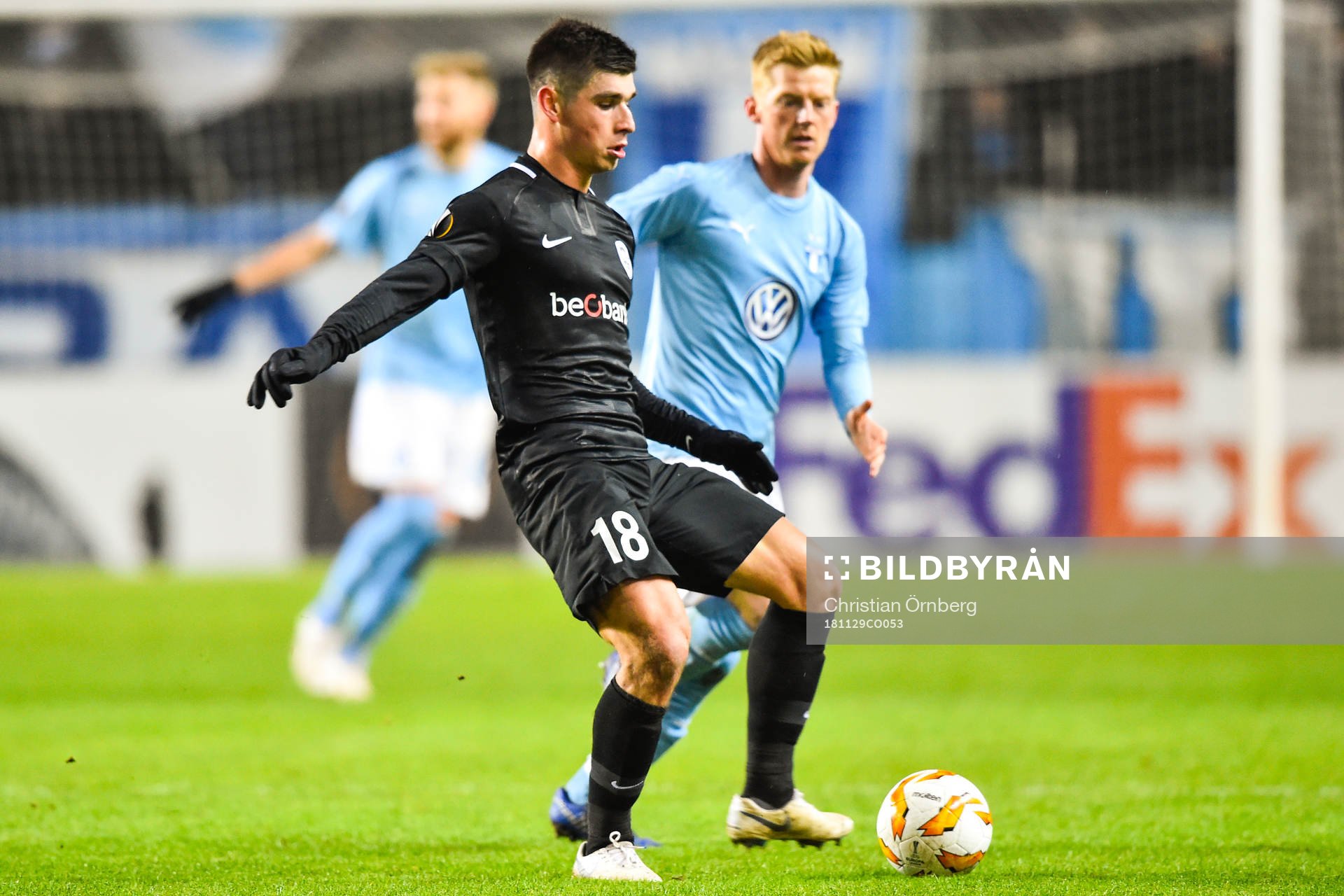 Ruslan Malinovskyi of Genk and Anders Christiansen of Malmö FF during the Europa league match between Malmö FF and Genk on November 29, 2018 in Malmö.