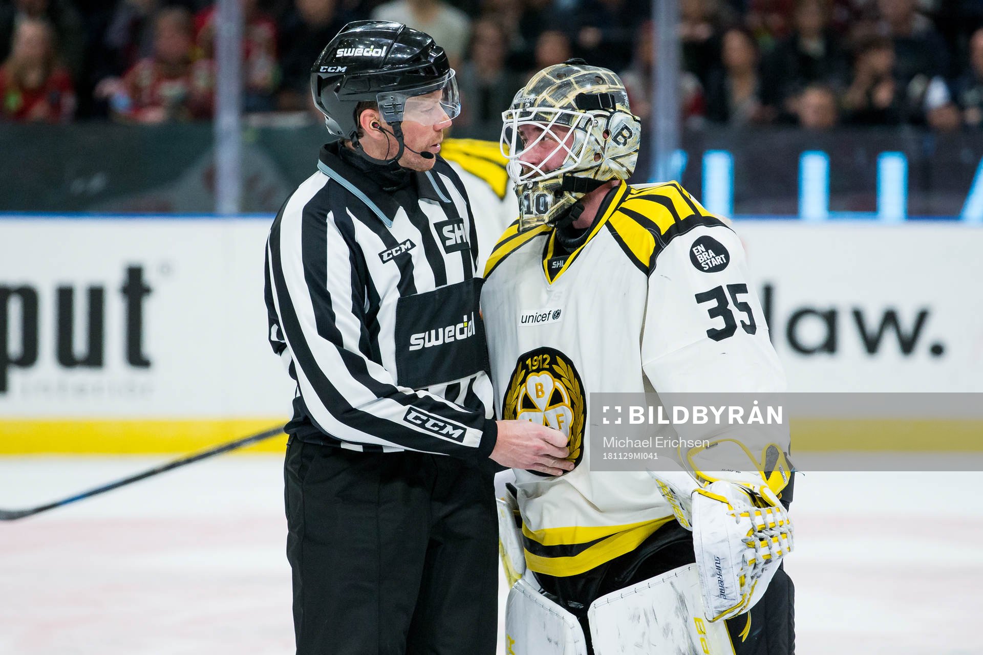 Brynäs målvakt David Rautio pratar med linjedomare Henrik