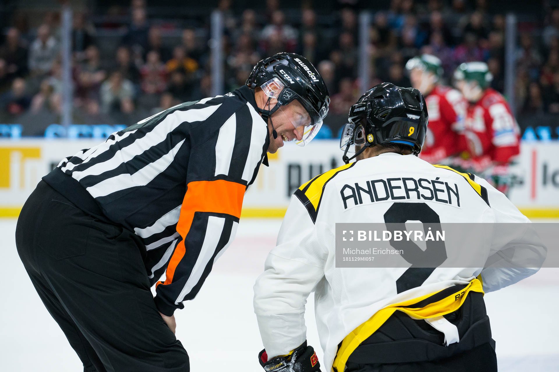 Domare Sören Persson pratar med Brynäs Niclas Andersén