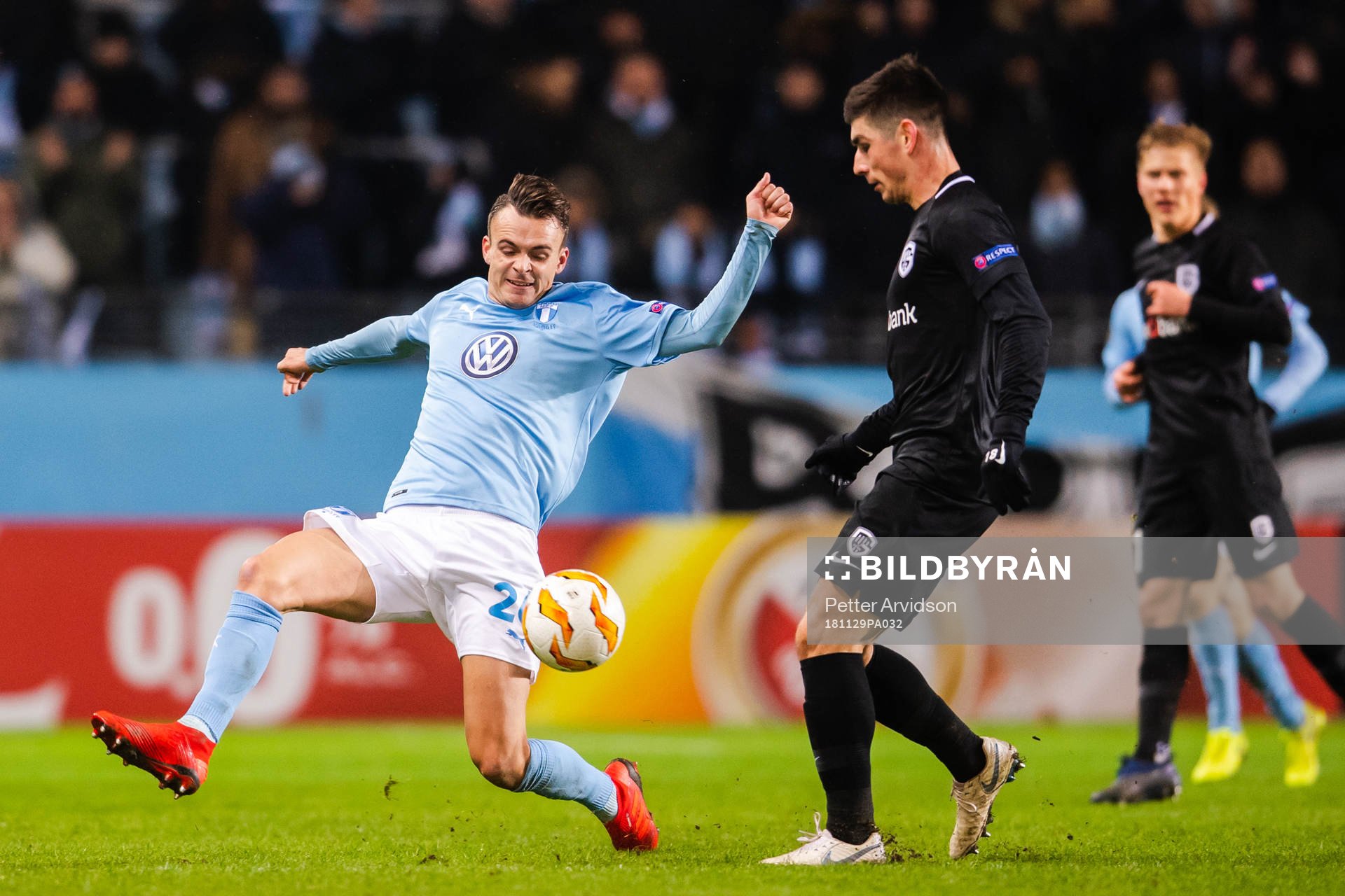 Andreas Vindheim of Malmö FF and Ruslan Malinovskyi of Genk during the Europa league match between Malmö FF and Genk on November 29, 2018 in Malmö.