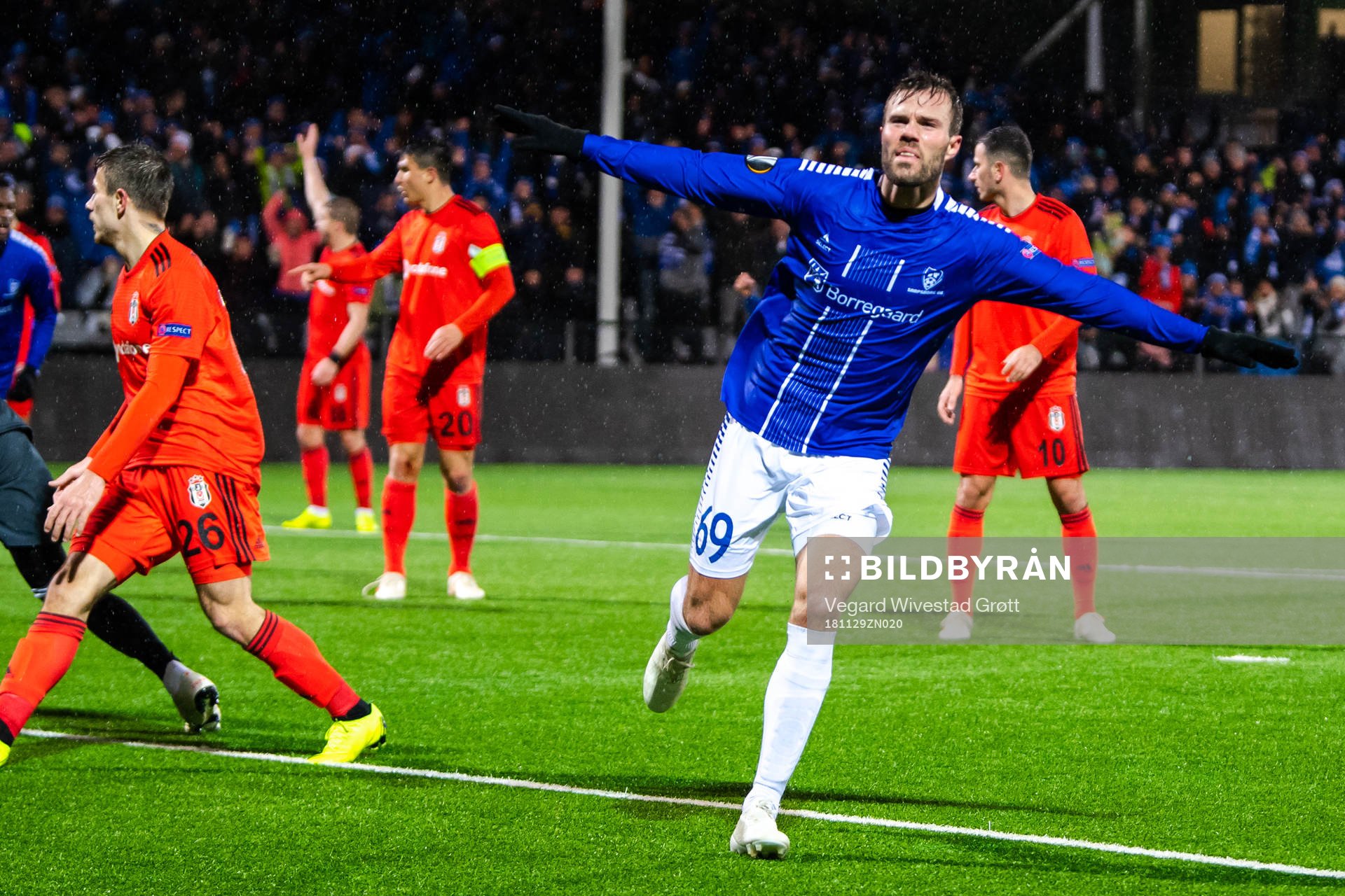 Patrick Mortensen of Sarpsborg 08 celebrates after scoring the disallowed 3-2 goal during the Europa League match between Sarpsborg 08 and Besiktas on November 29, 2018 in Sarpsborg.