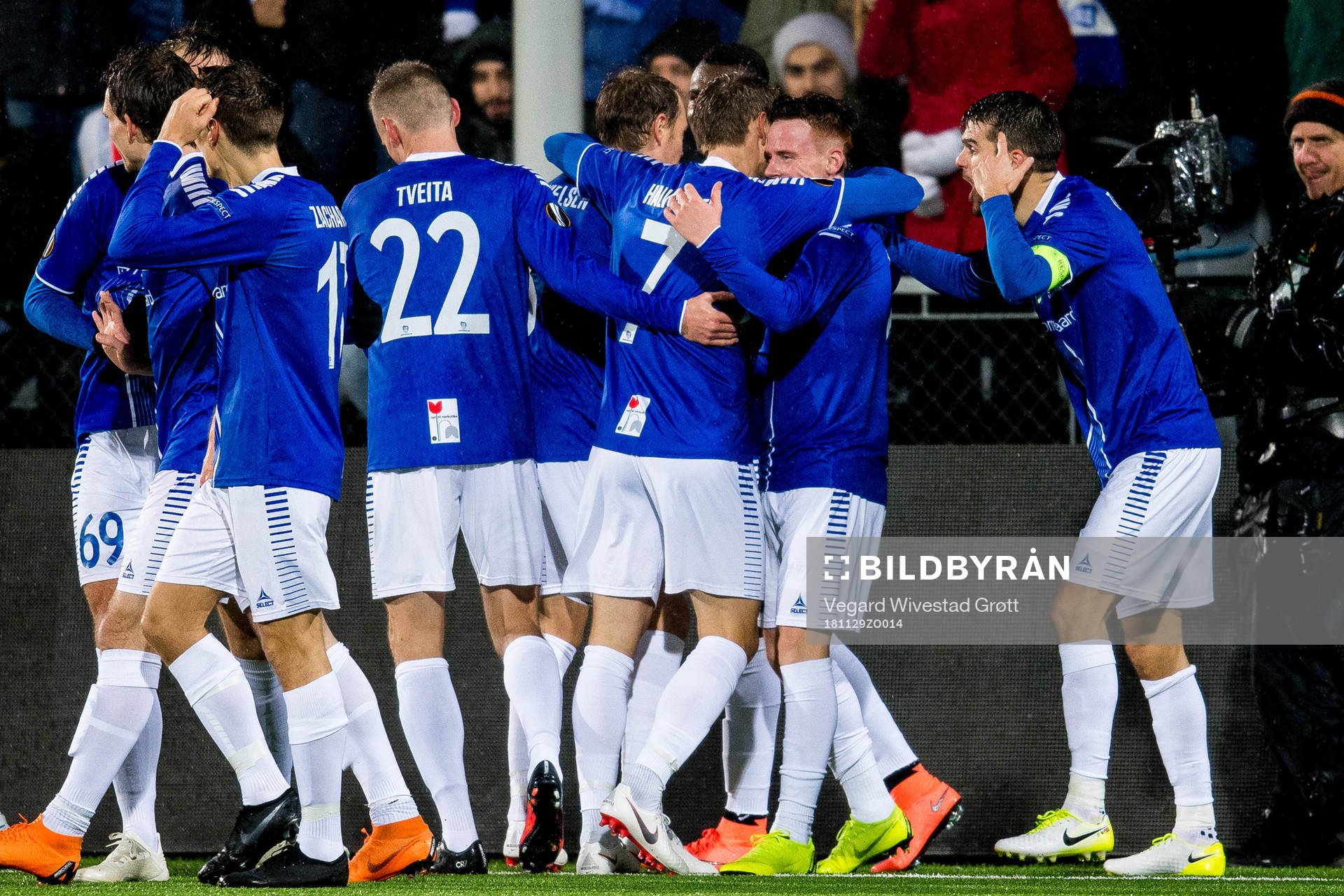 Tobias Heintz of Sarpsborg 08 celebrates with teammates