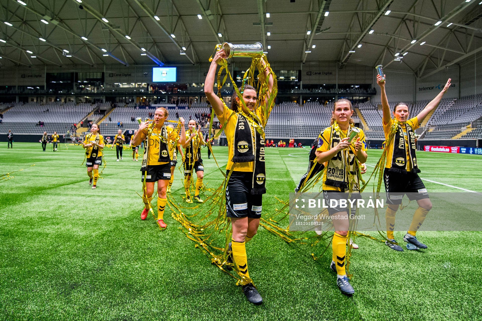 Ingrid Syrstad Engen and Emilie Bosshard Haavi of LSK Kvinner celebrate after winning the cup final between LSK Kvinner and Sandviken on December 1, 2018 in Oslo.