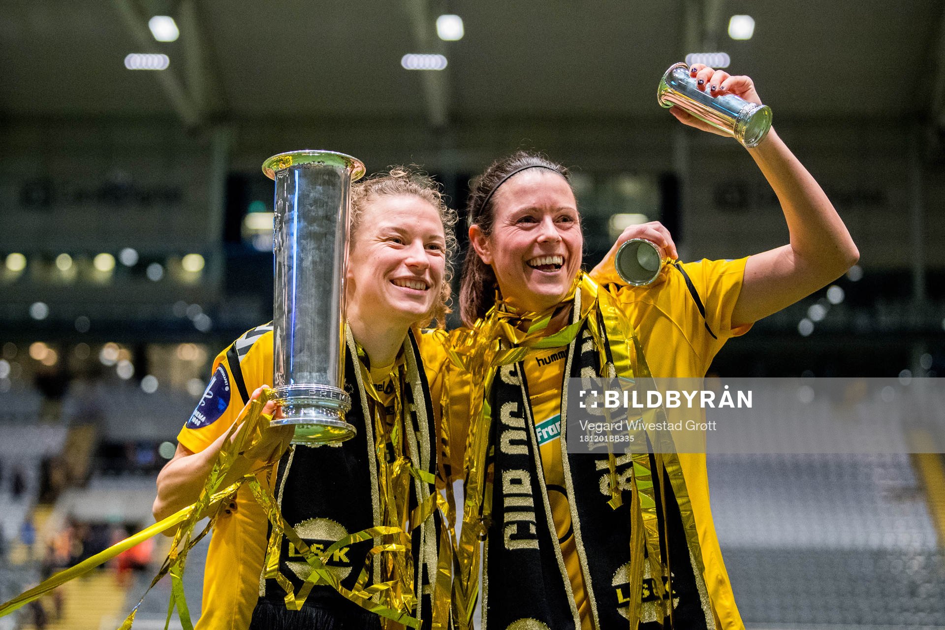 Synne Skinnes Hansen and Isabell Bachor of LSK Kvinner celebrate after winning the cup final between LSK Kvinner and Sandviken on December 1, 2018 in Oslo.
