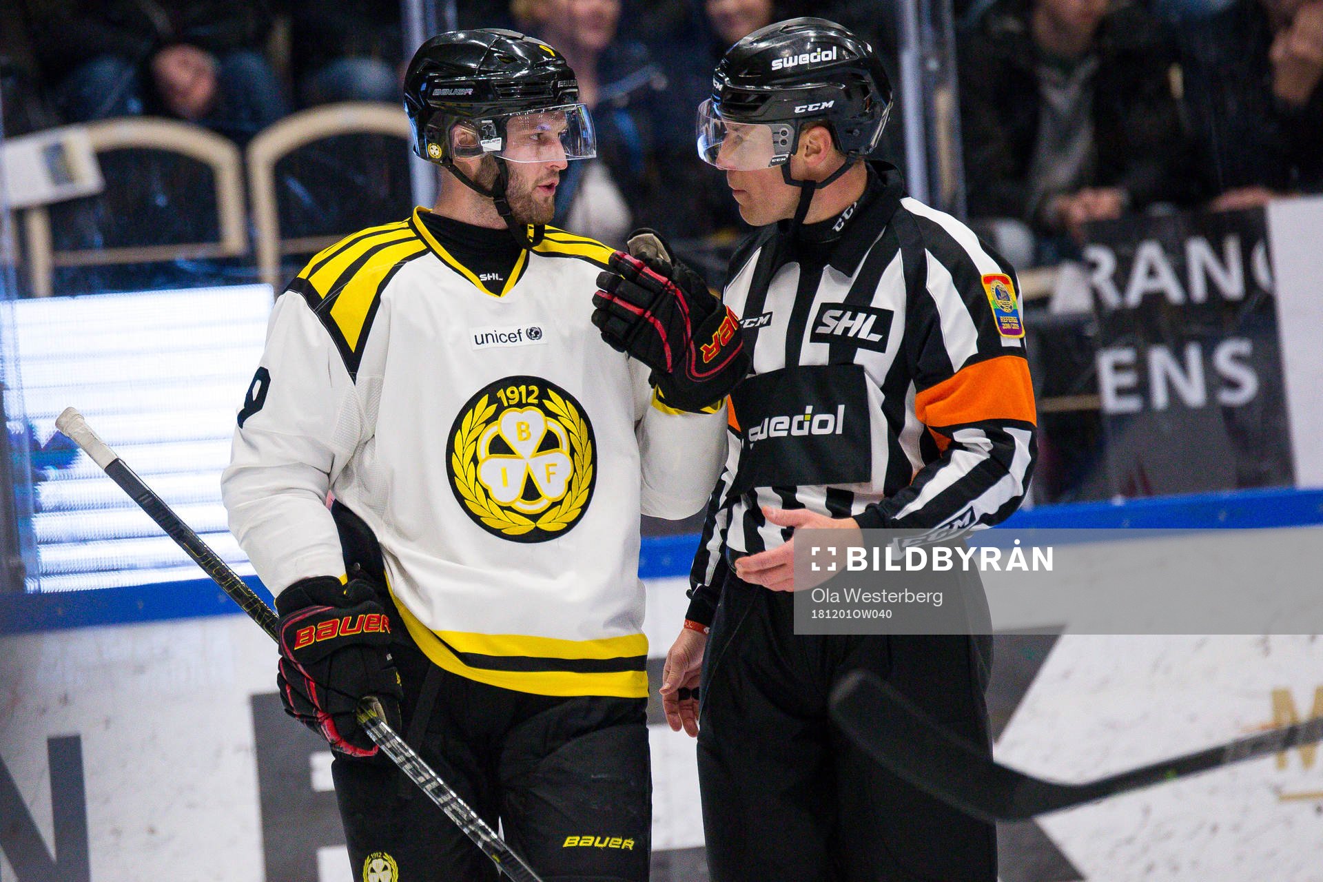 Brynäs Niclas Andersén pratar med domare Tobias Björk
