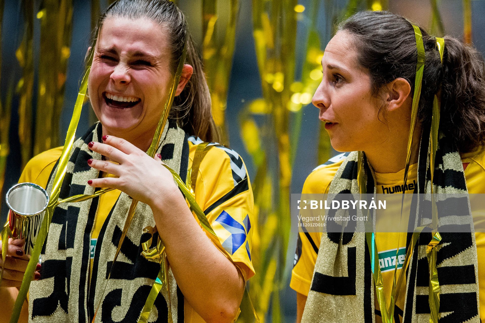 Emilie Bosshard Haavi and Ingrid Moe Wold of LSK Kvinner celebrate after winning the cup final between LSK Kvinner and Sandviken on December 1, 2018 in Oslo.