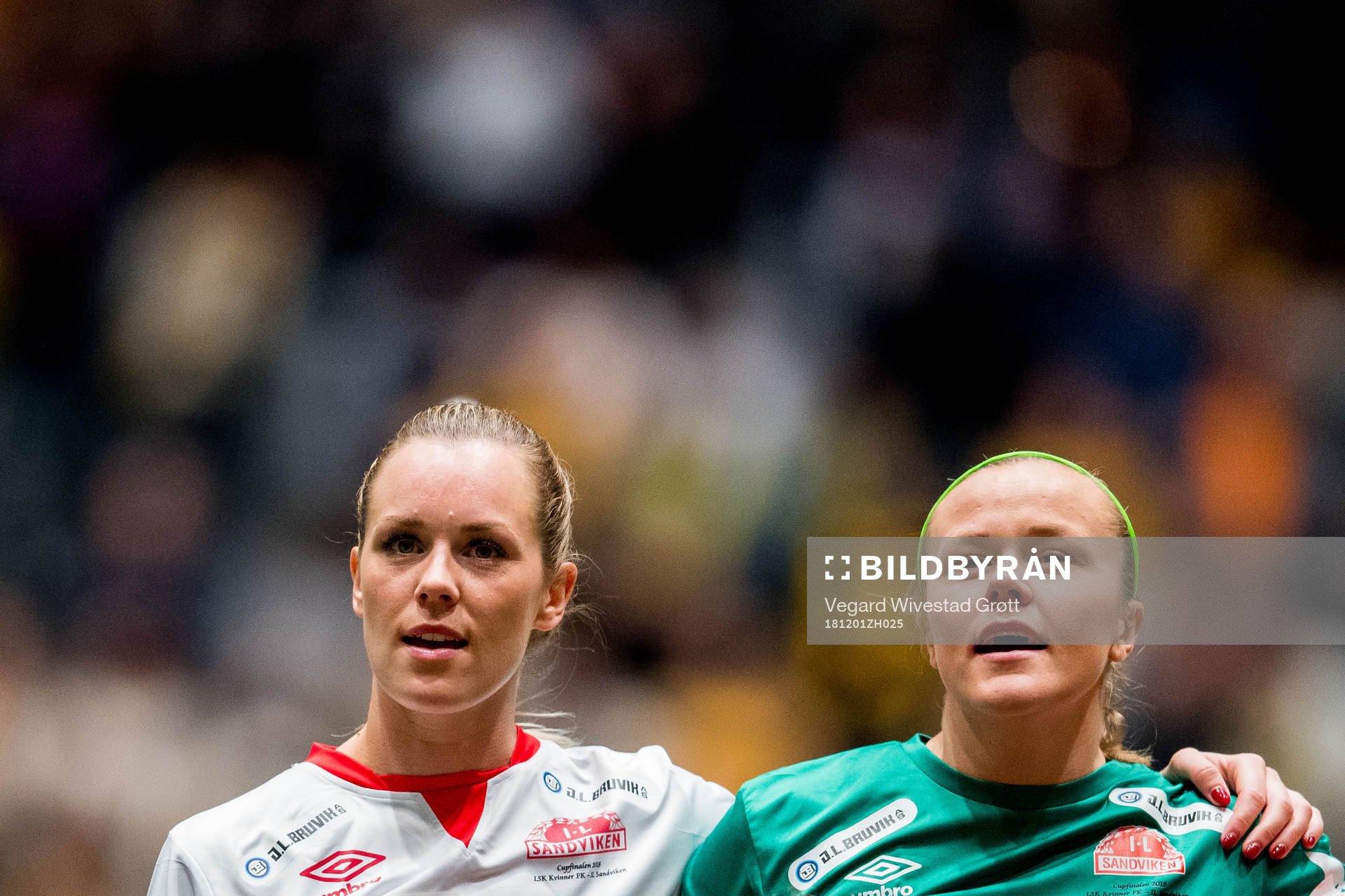 Stine Hovland and goalkeeper Nora Gjøen of Sandviken