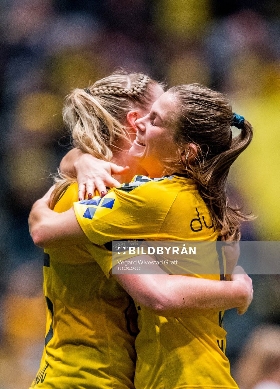Sophie Roman Haug of LSK Kvinner celebrates with teammate Emilie Bosshard Haavi after scoring the 4-0 goal during the cup final between LSK Kvinner and Sandviken on December 1, 2018 in Oslo.