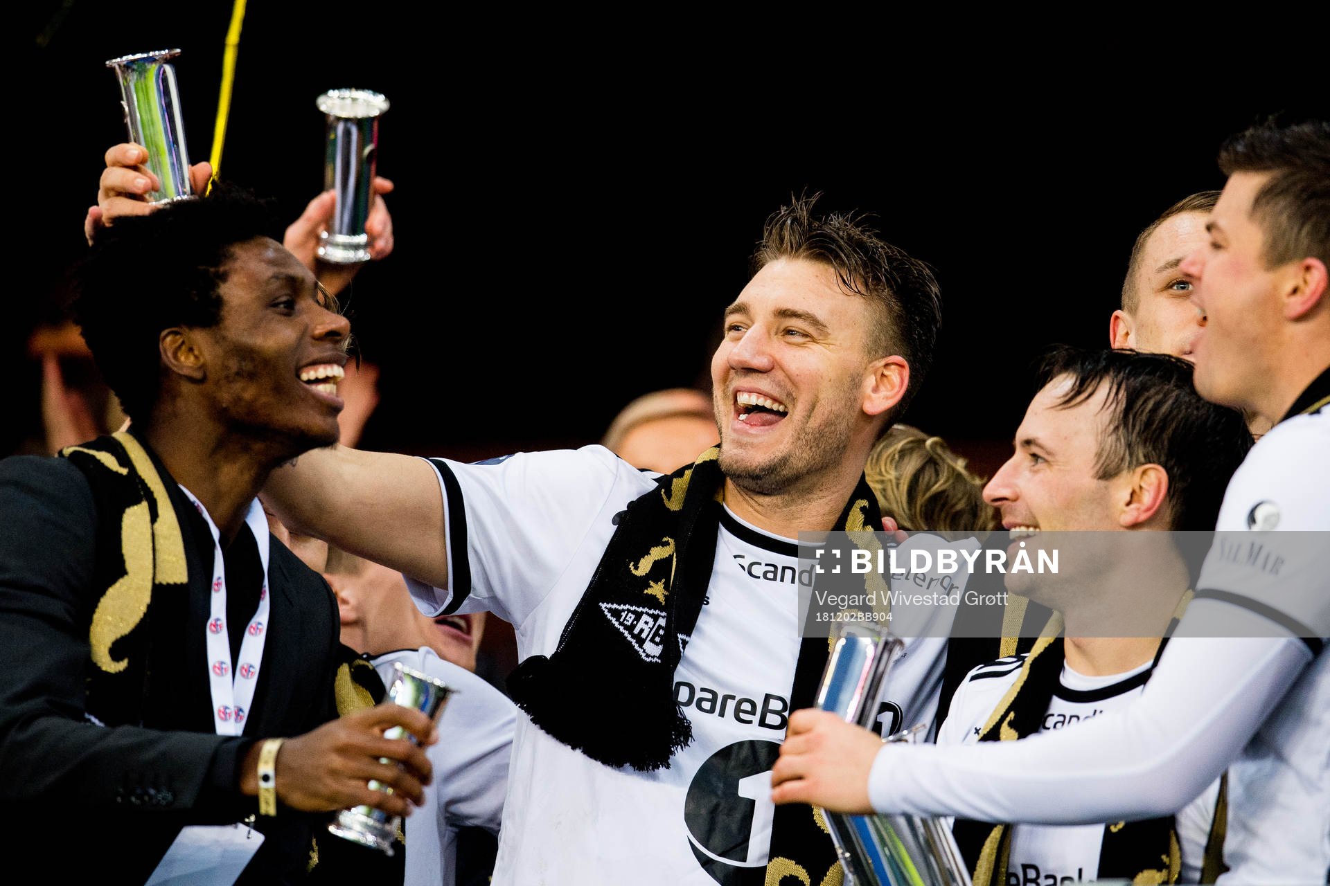 Igho Ogbu, Nicklas Bendtner and Mike Jensen of Rosenborg celebrates after winning the cup final between Rosenborg and Strømsgodset on December 2, 2018 in Oslo.