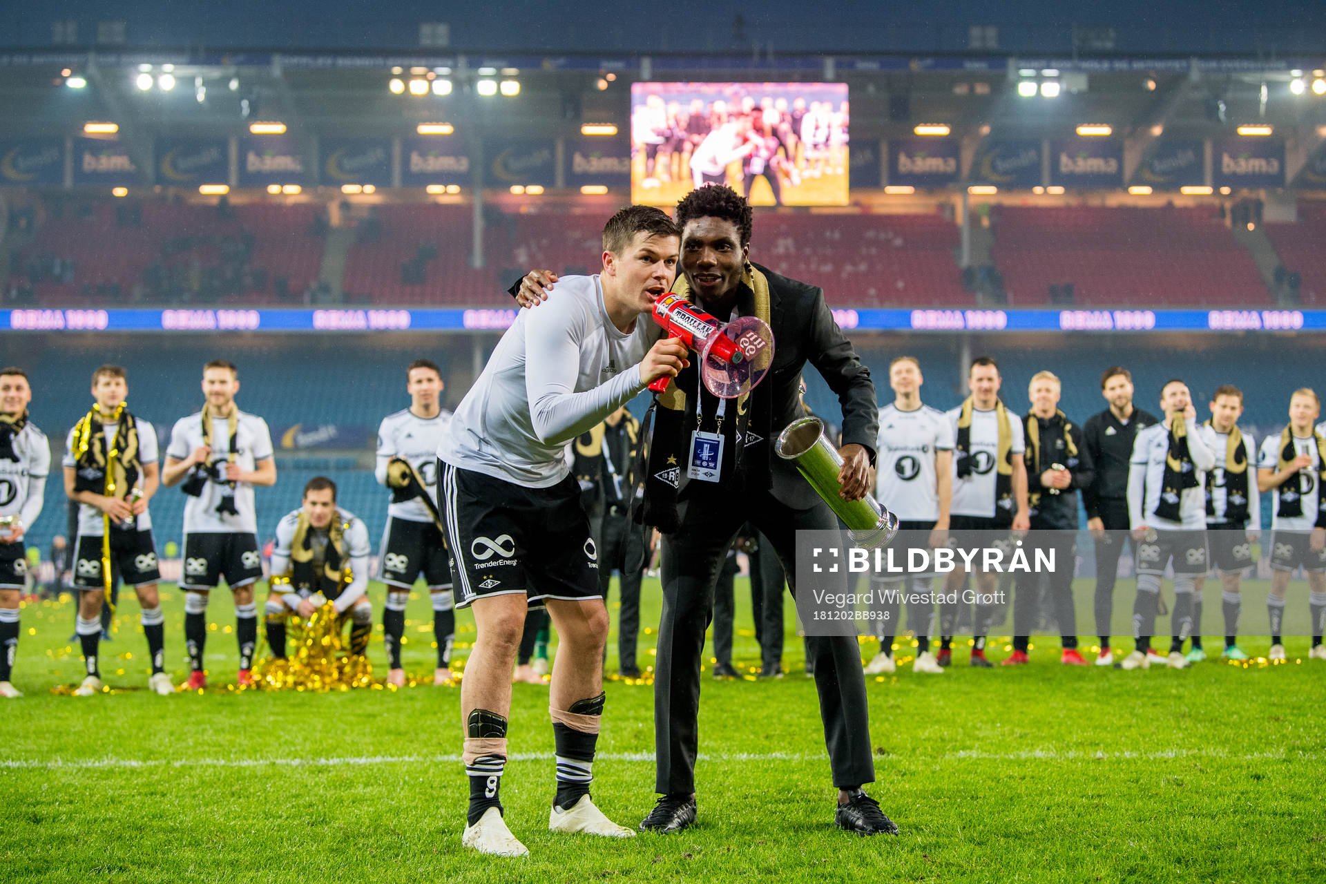 Pål André Helland and Igho Ogbu of Rosenborg celebrate after winning the cup final between Rosenborg and Strømsgodset on December 2, 2018 in Oslo.