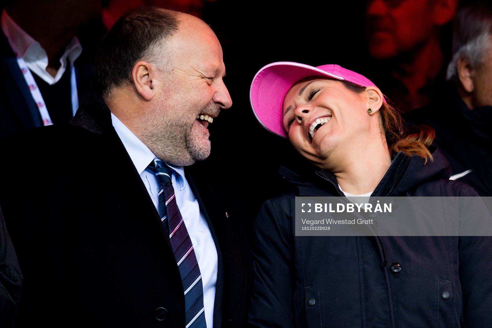 Ivar Koteng, chairman of Rosenborg, and Linda Hofstad Helleland, minister of culture, in the stands ahead of the cup final between Rosenborg and Strømsgodset on December 2, 2018 in Oslo.