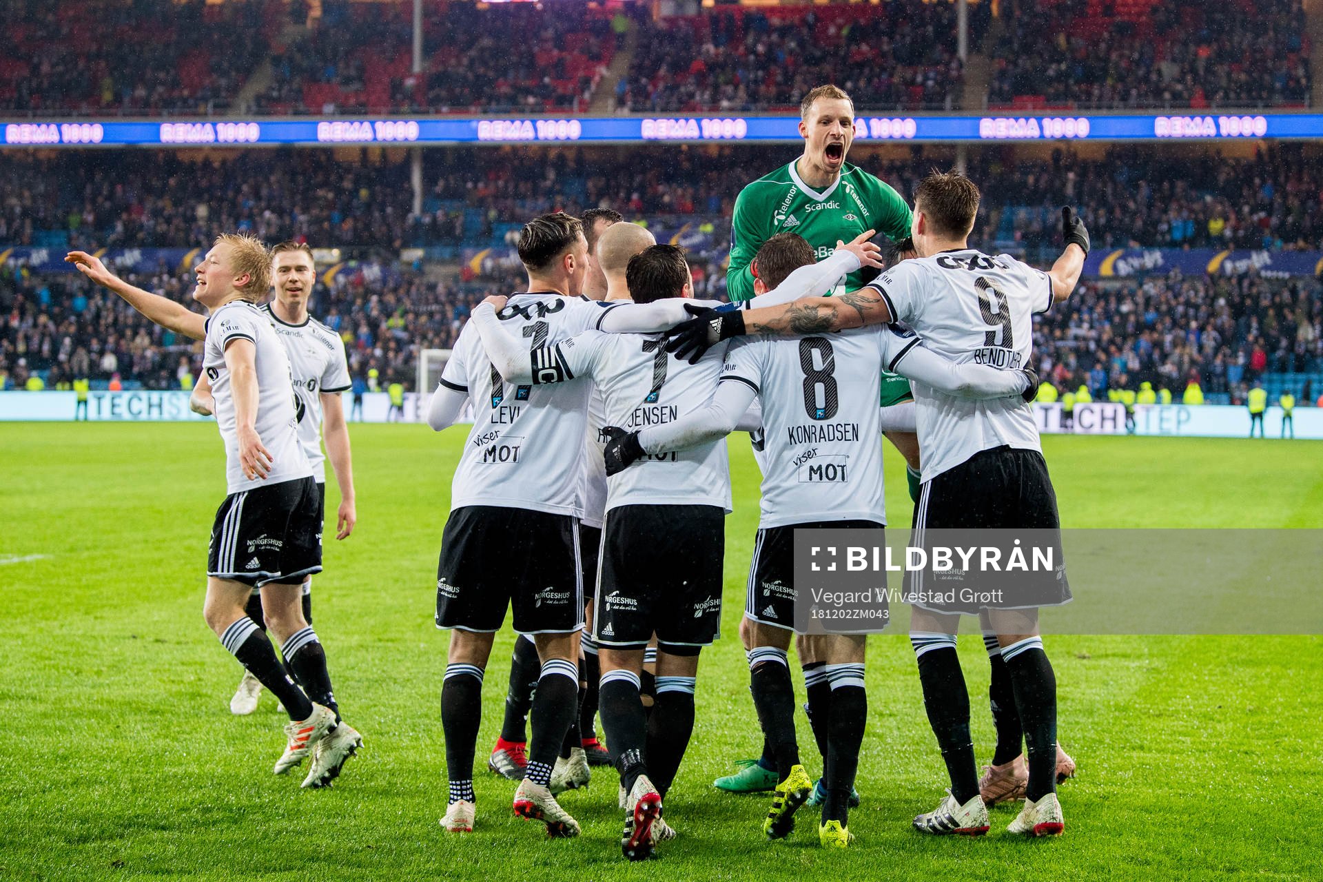Nicklas Bendtner of Rosenborg celebrates with teammate and