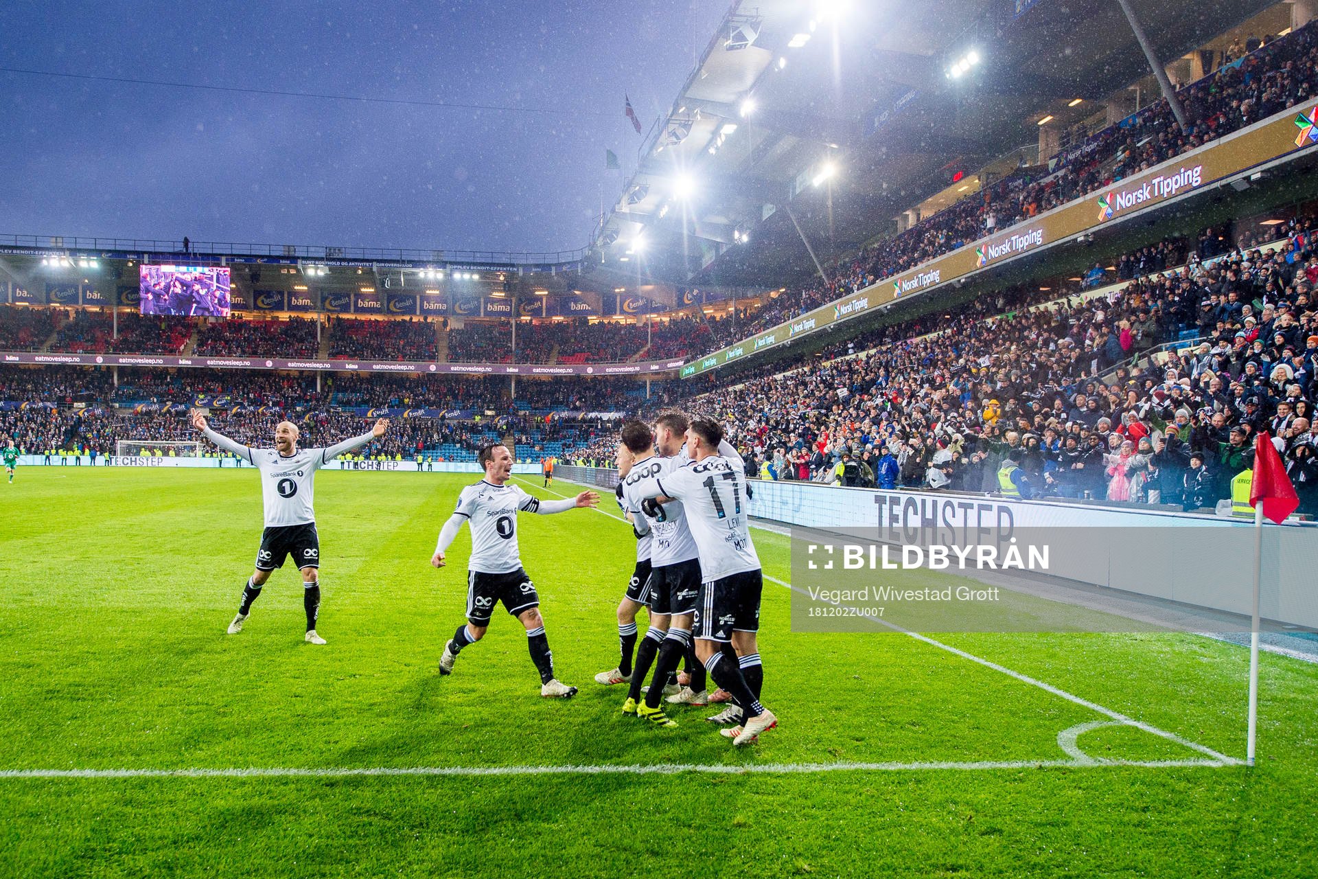 Nicklas Bendtner of Rosenborg celebrates with teammates