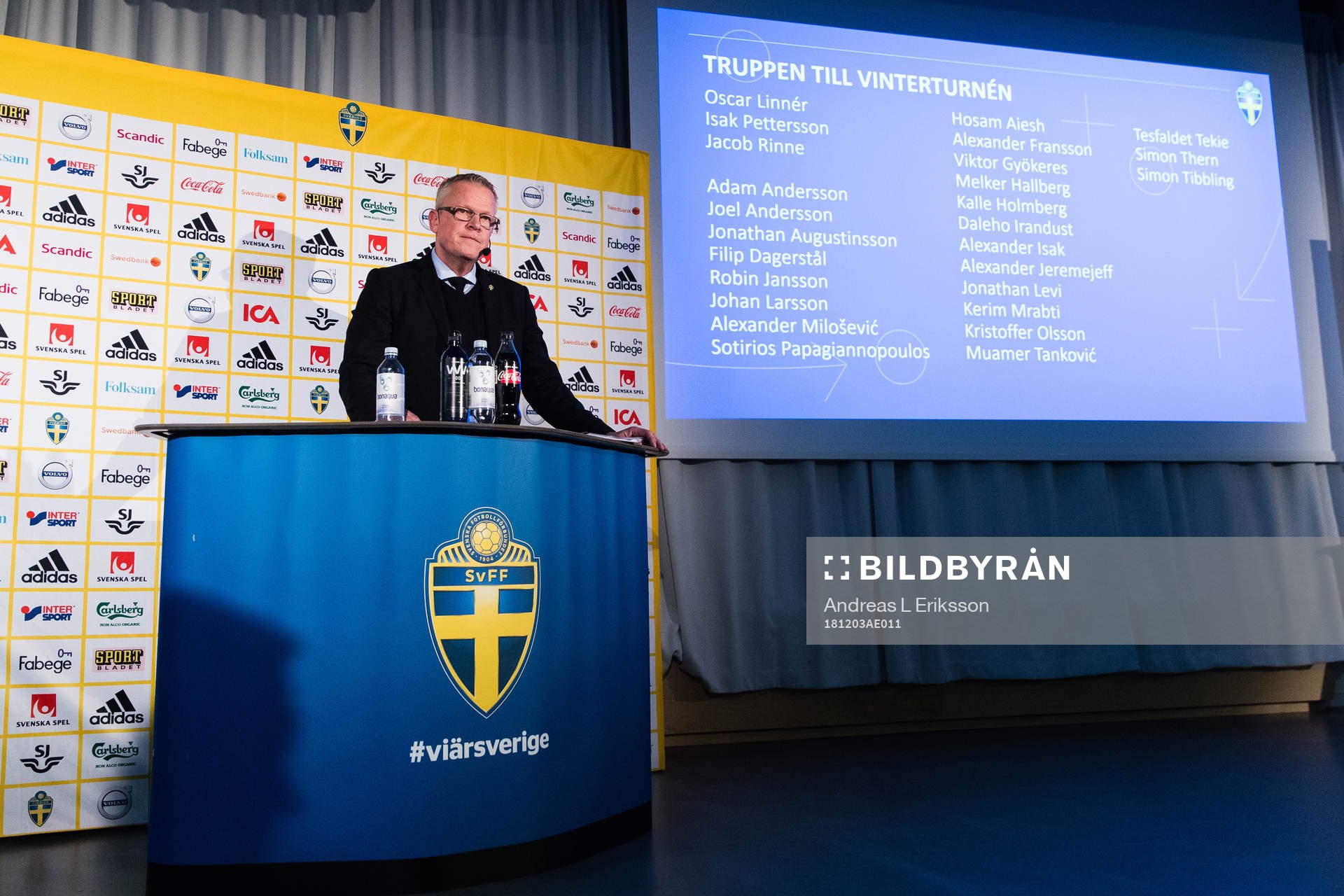 Sveriges förbundskapten Janne Andersson under en presskonferens anordnad av svenska fotbollförbundet den 3 december 2018 i Stockholm. 