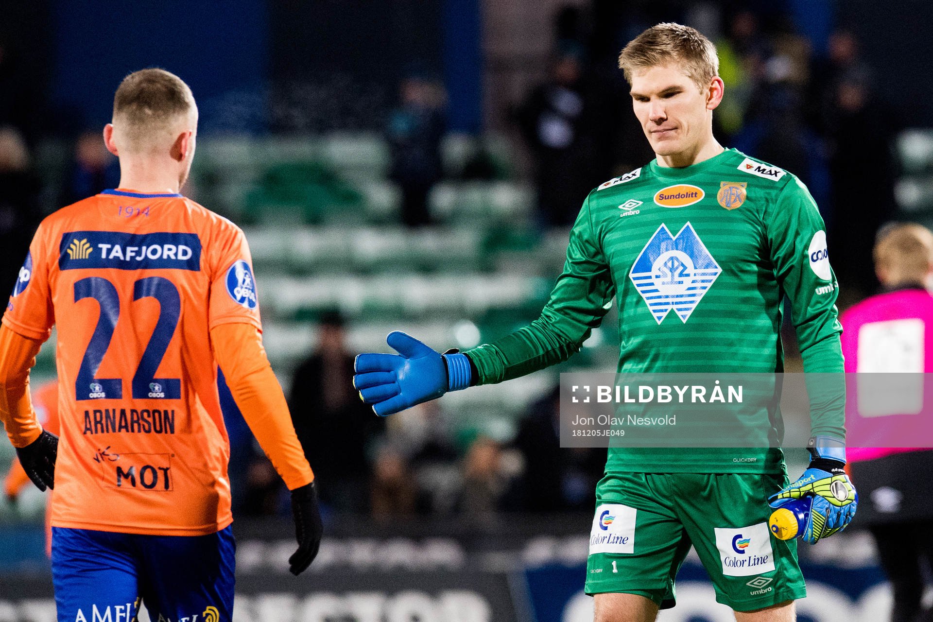 Adam Örn Arnarson and goalkeeper Andreas Lie of Aalesund