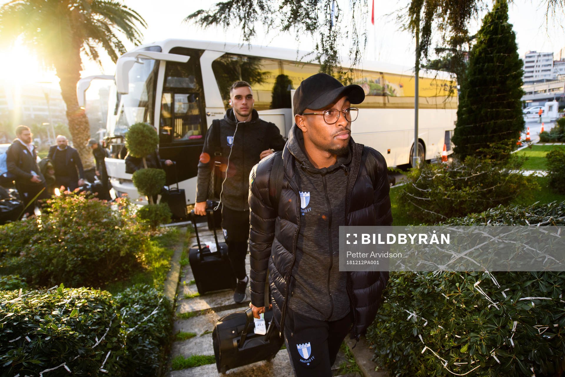 Fouad Bachirou and Egzon Binaku of Malmö FF arrives at the hotel ahead of the Europa League match against Besiktas on December 12, 2018 in Istanbul.