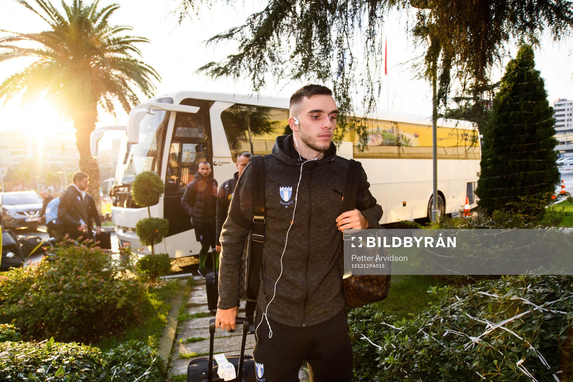 Egzon Binaku of Malmö FF arrives at the hotel ahead of the Europa League match against Besiktas on December 12, 2018 in Istanbul.