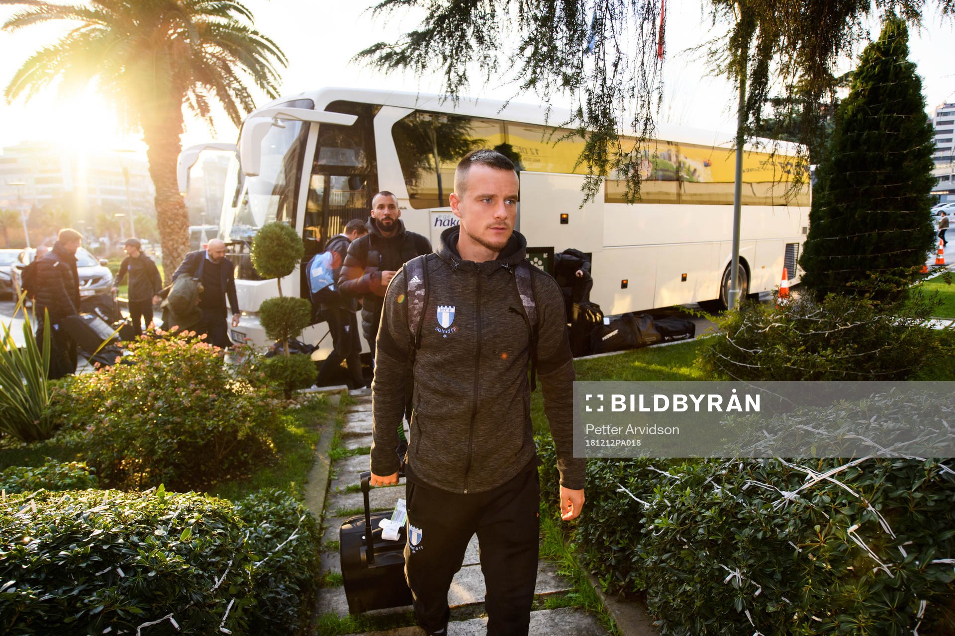 Eric Larsson of Malmö FF arrives at the hotel ahead of the Europa League match against Besiktas on December 12, 2018 in Istanbul.