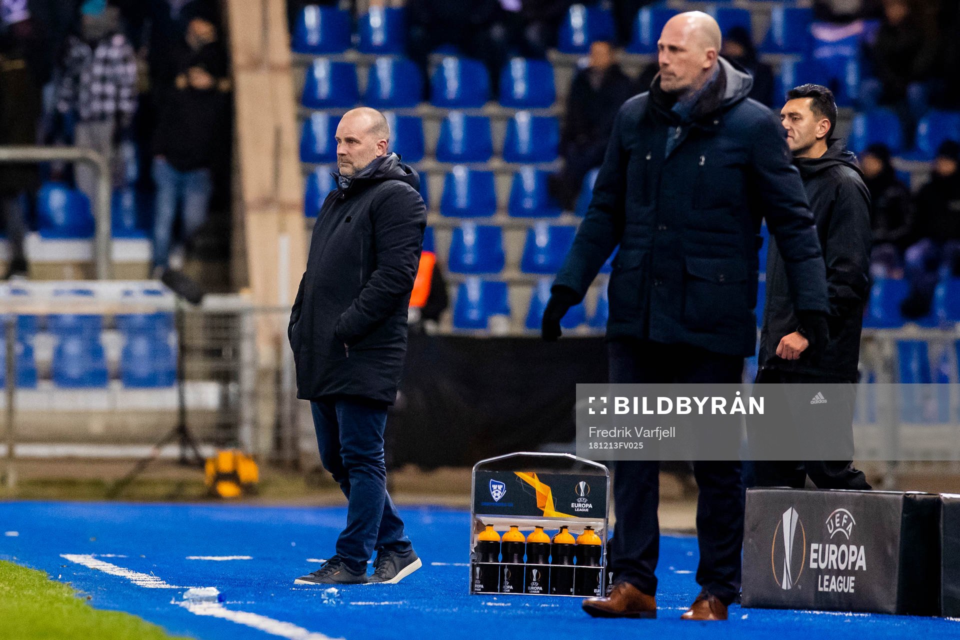 Geir Bakke, head coach of Sarpsborg 08, and Philippe Clement, head coach of Genk, during the Europa League group stage match between Genk and Sarpsborg 08 on December 13, 2018 in Genk.