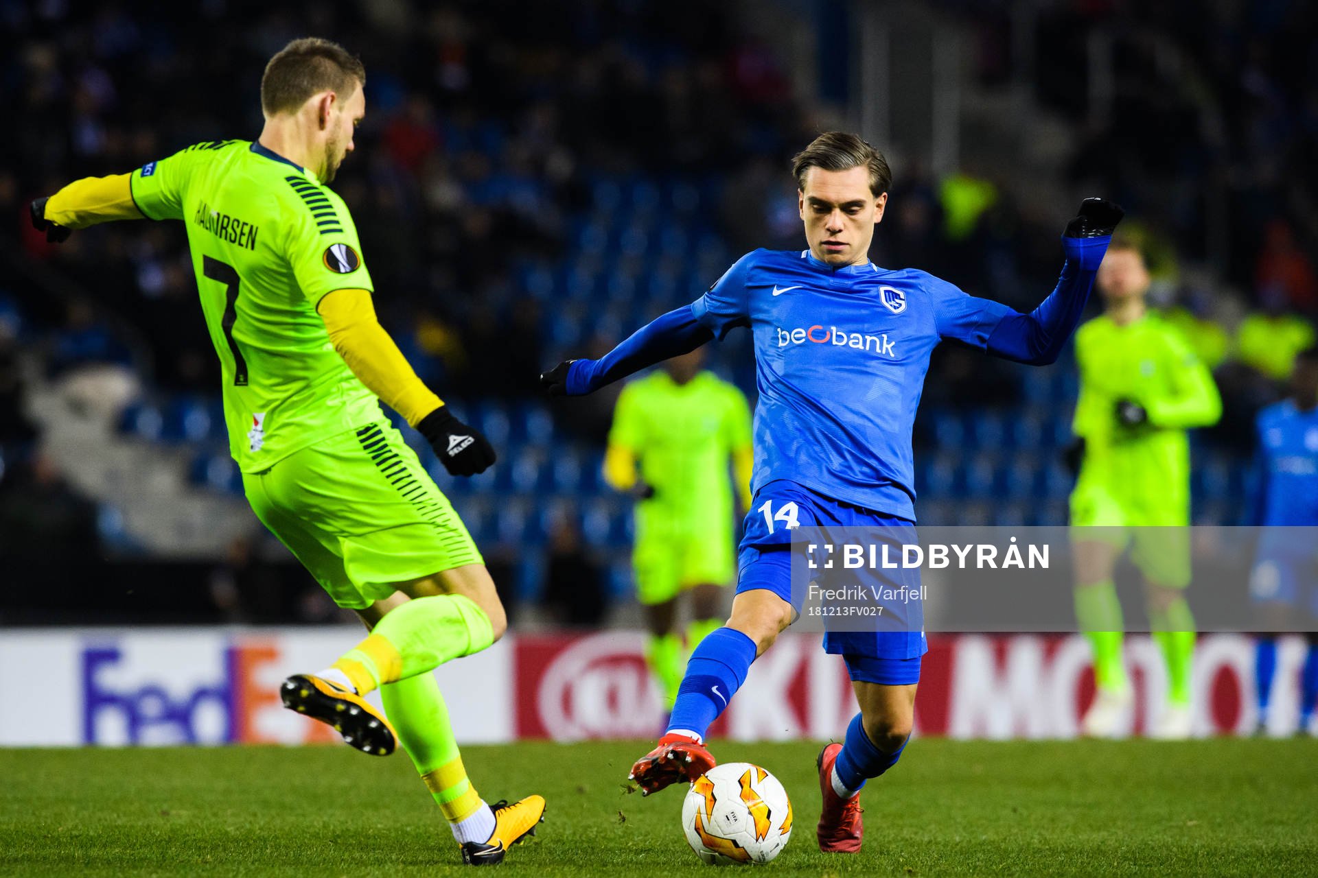 Ole Jørgen Halvorsen of Sarpsborg 08 and Leandro Trossard