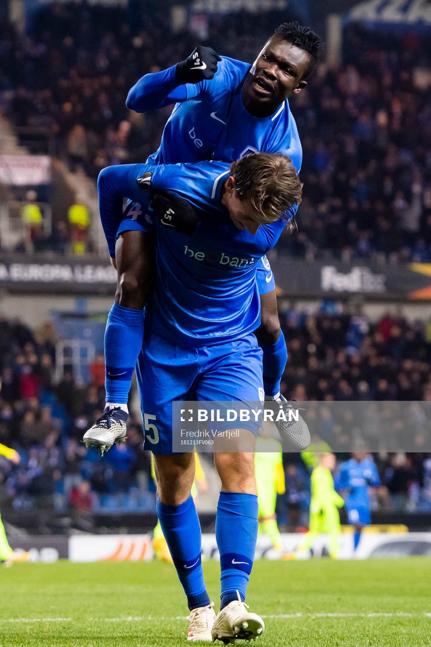 Sander Berge of Genk celebrates with his teammate Joseph
