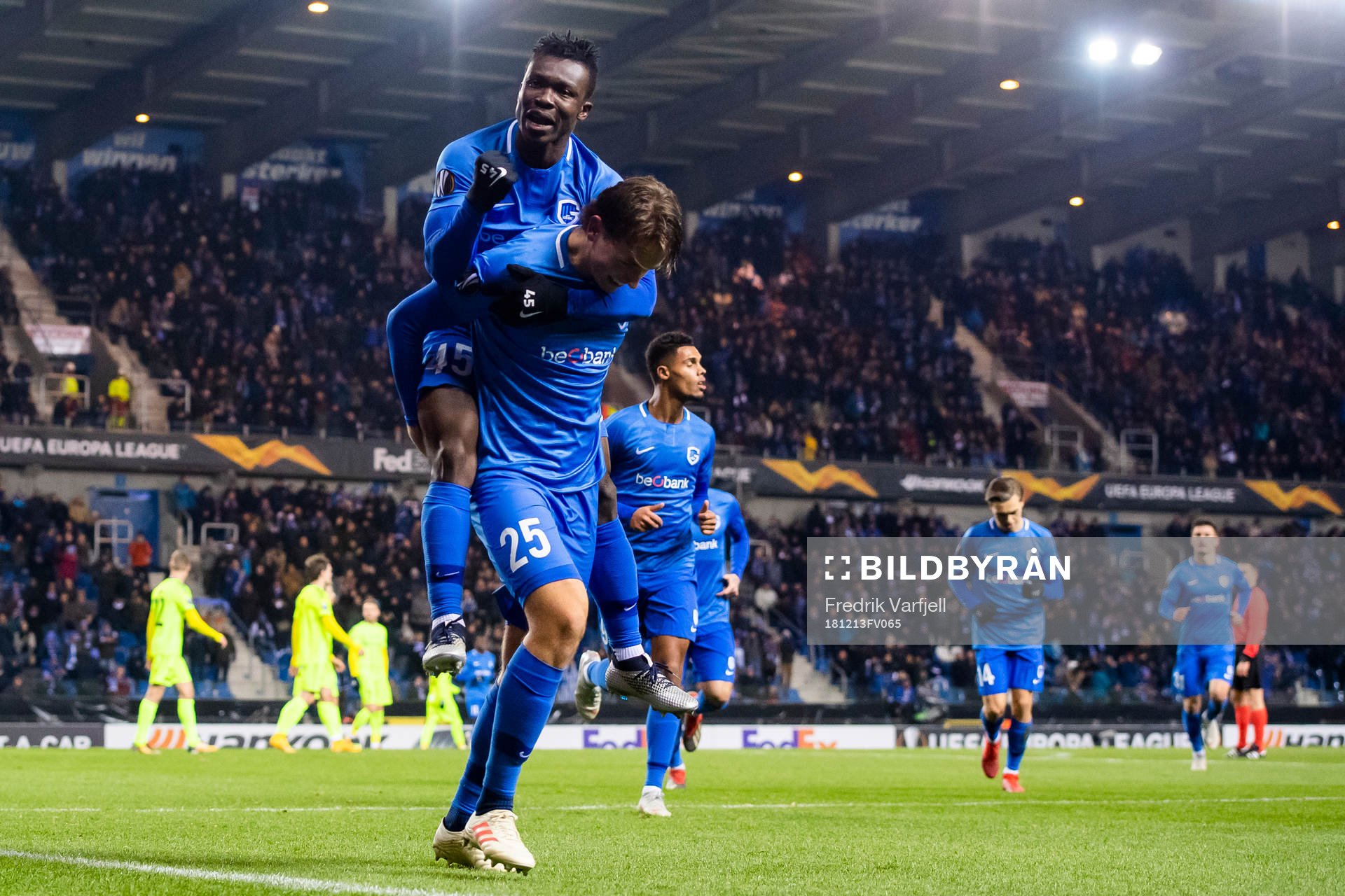 Sander Berge of Genk celebrates with his teammate Joseph Aidoo after scoring 3-0 during the Europa League group stage match between Genk and Sarpsborg 08 on December 13, 2018 in Genk.