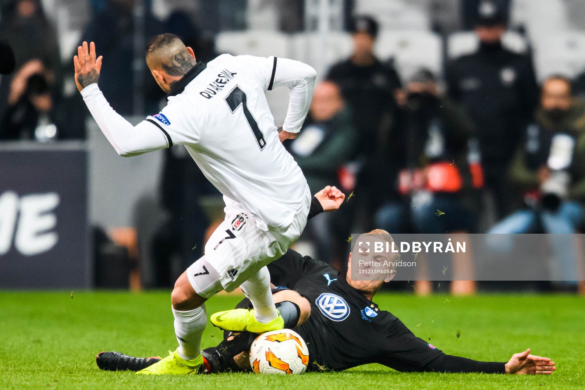 Ricardo Quaresma of Besiktas stamps Franz Brorsson of Malmö FF during the Europa league match between Besiktas and Malmö FF on December 13, 2018 in Istanbul.
