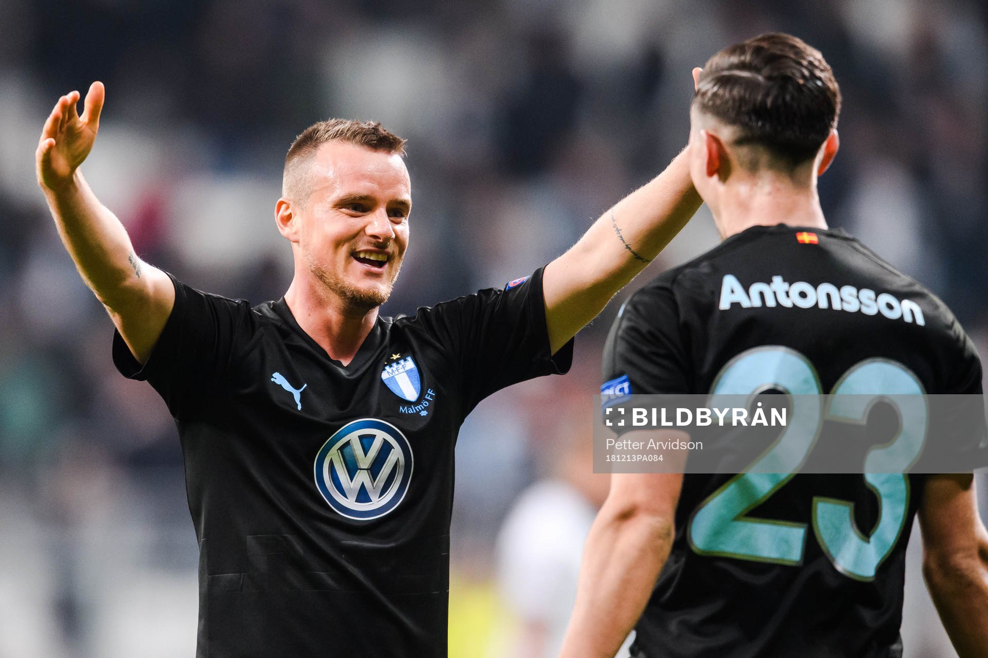 Eric Larsson celebrates with Lasse Nielsen of Malmö FF