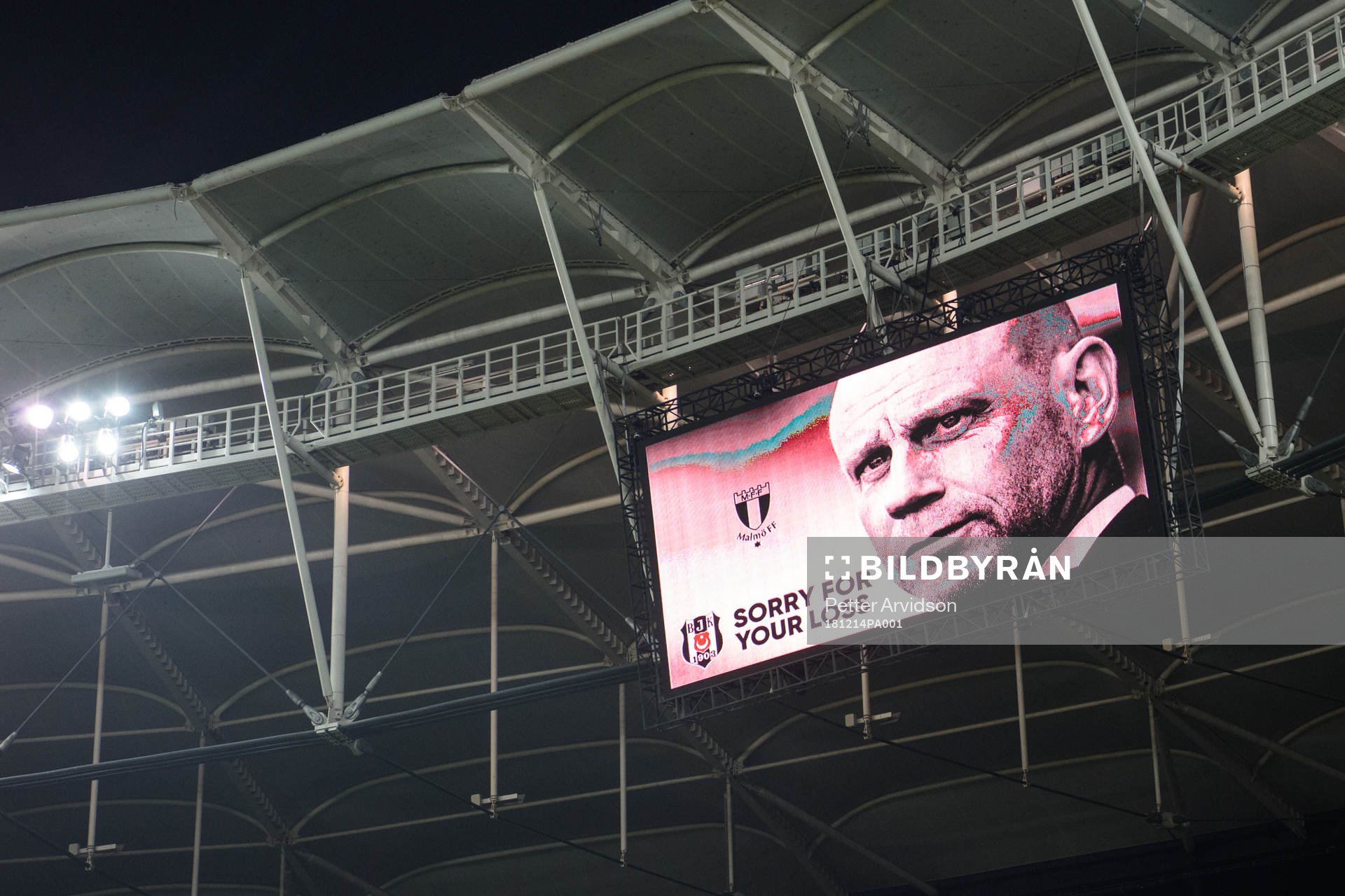 Håkan Jeppsson, chairman of Malmö FF that passed away a week ago is seen on the screens prior to the Europa league match between Besiktas and Malmö FF on December 14, 2018 in Istanbul.