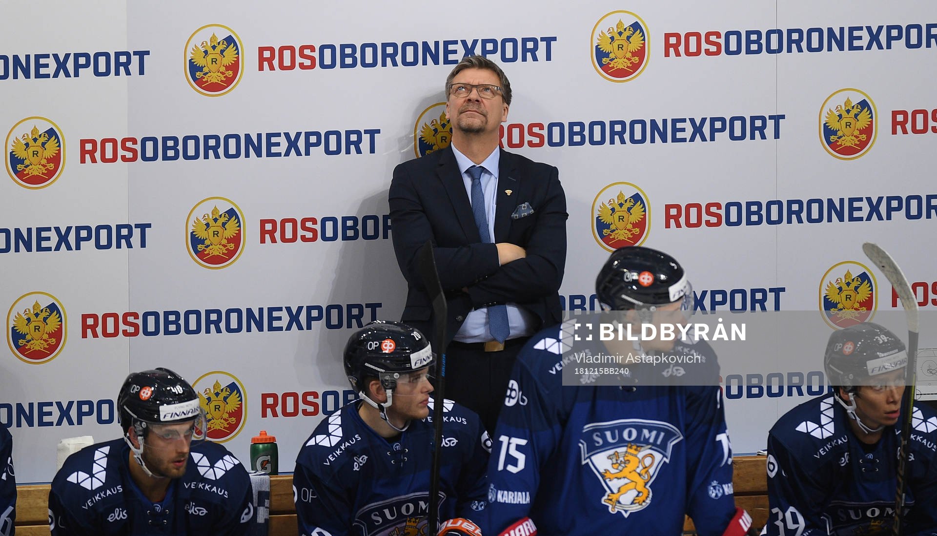 Finland's head coach Jukka Jalonen looks at a scoreboard