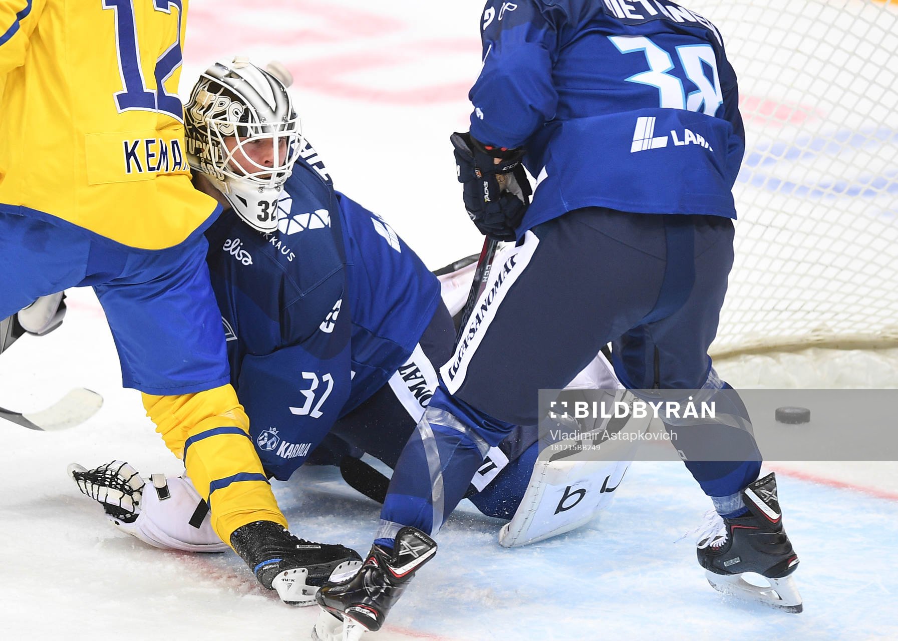 Finland's goalie Rasmus Tirronen misses a goal
