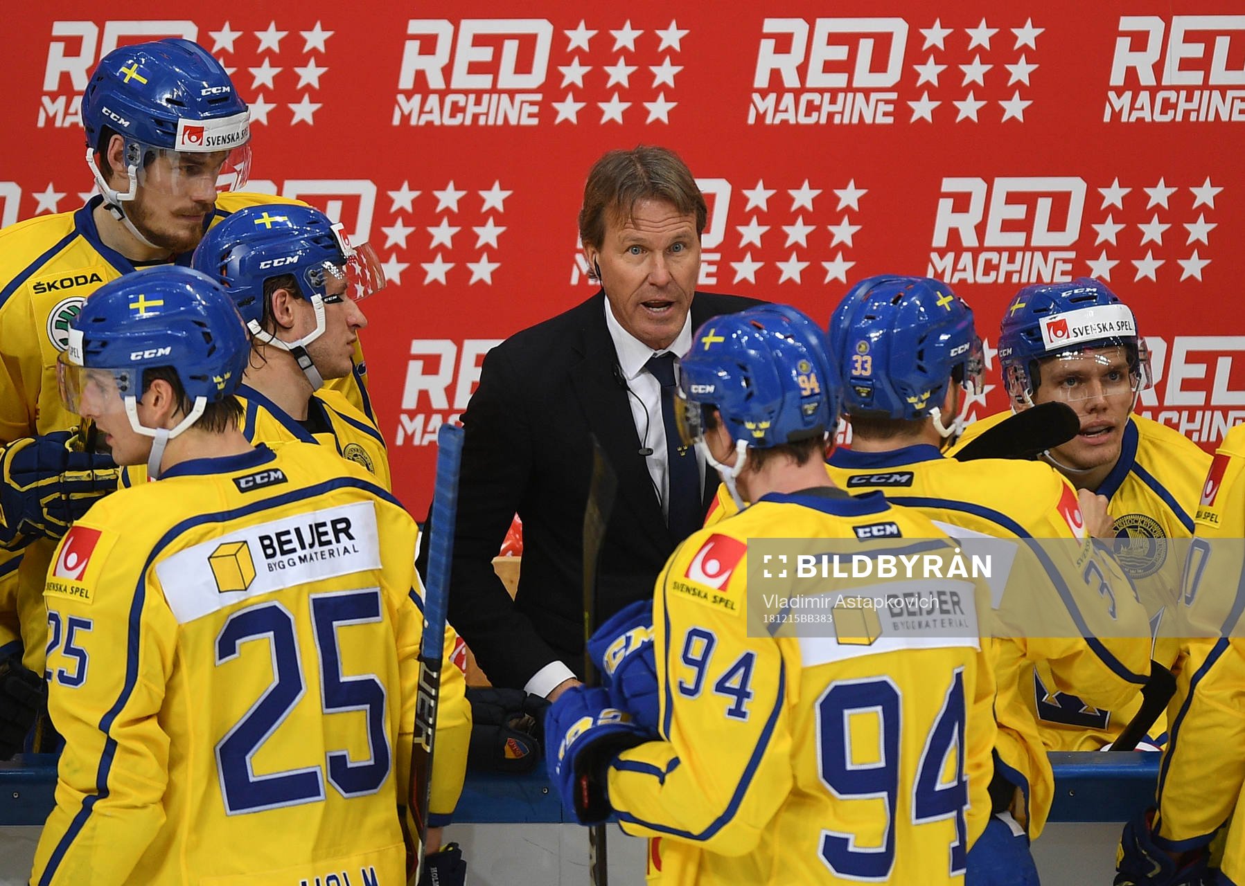 Sweden's coach Johan Garpenlov speaks to his players