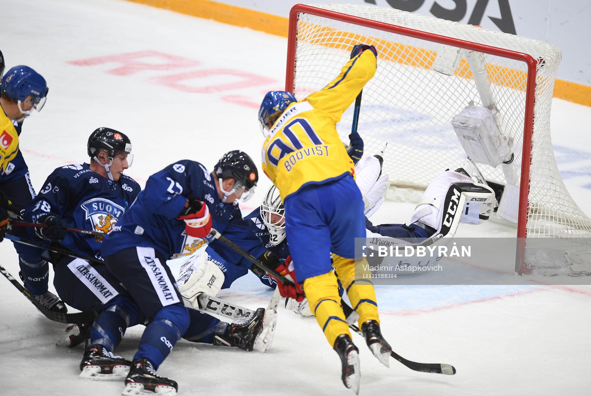 Finland's goalie Rasmus Tirronen makes a save