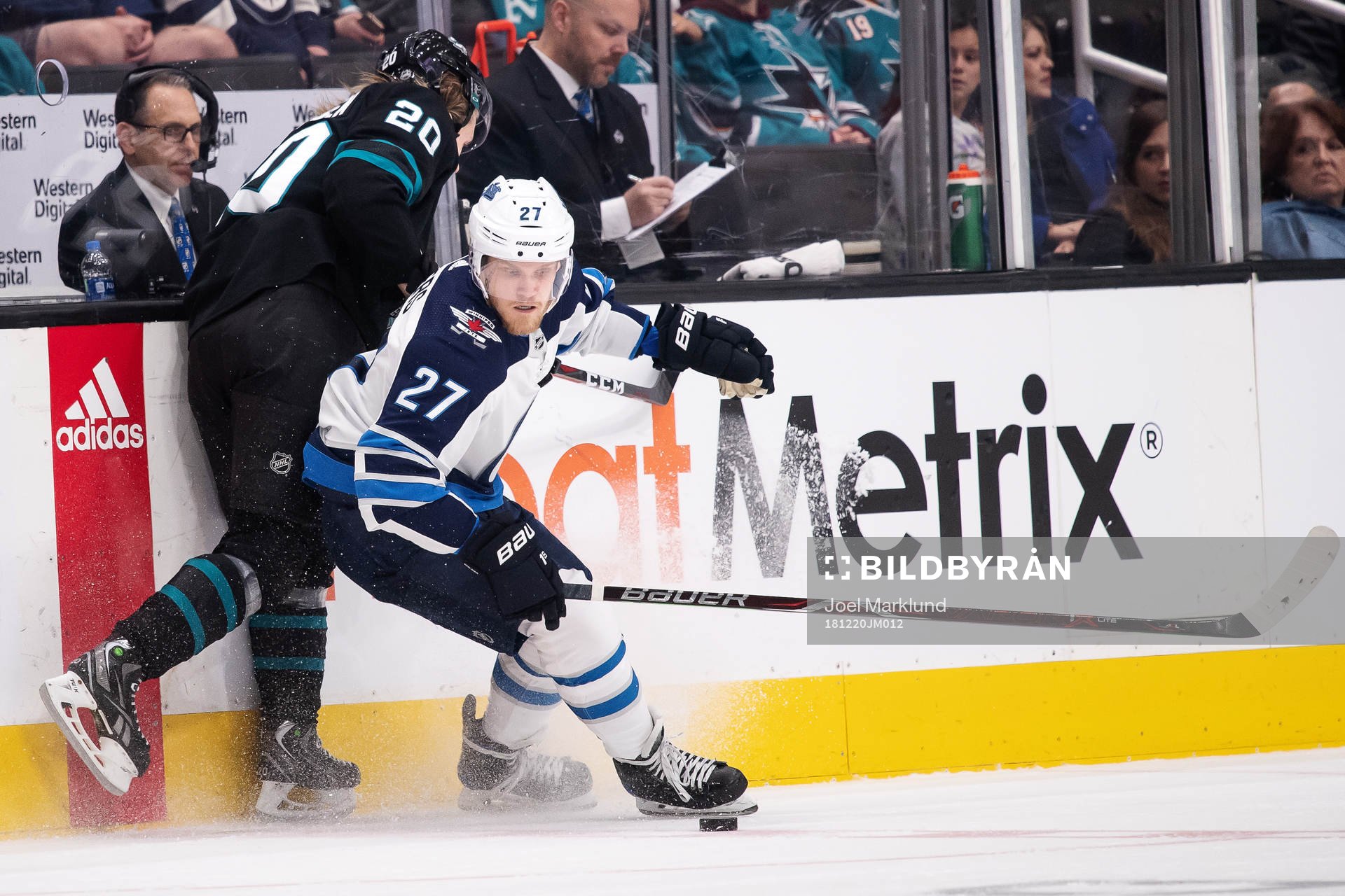 Marcus Sörensen of San Jose Sharks and Nikolaj Ehlers of