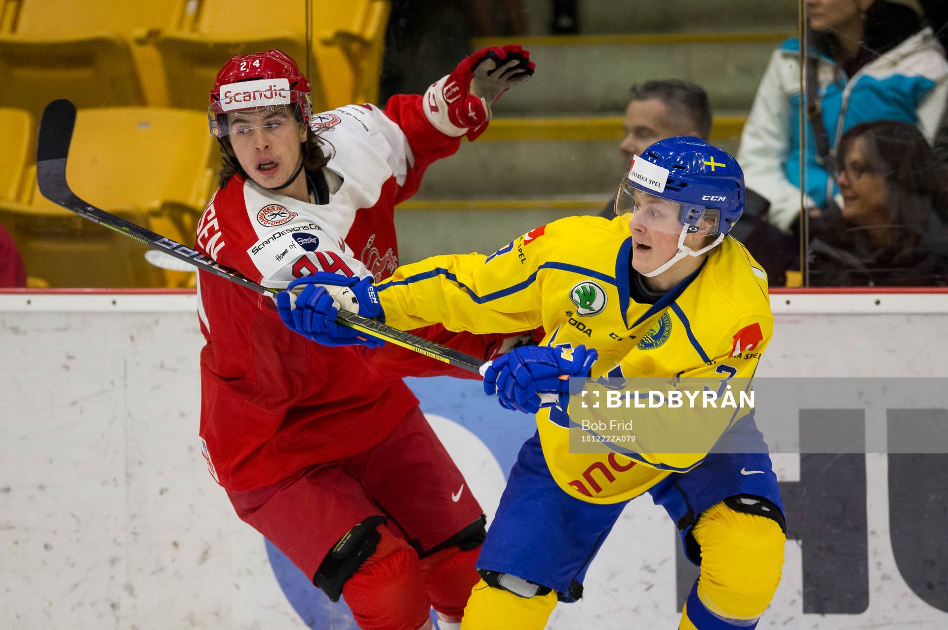 Denmark forward Emil Marcussen (24)  battles with Sweden