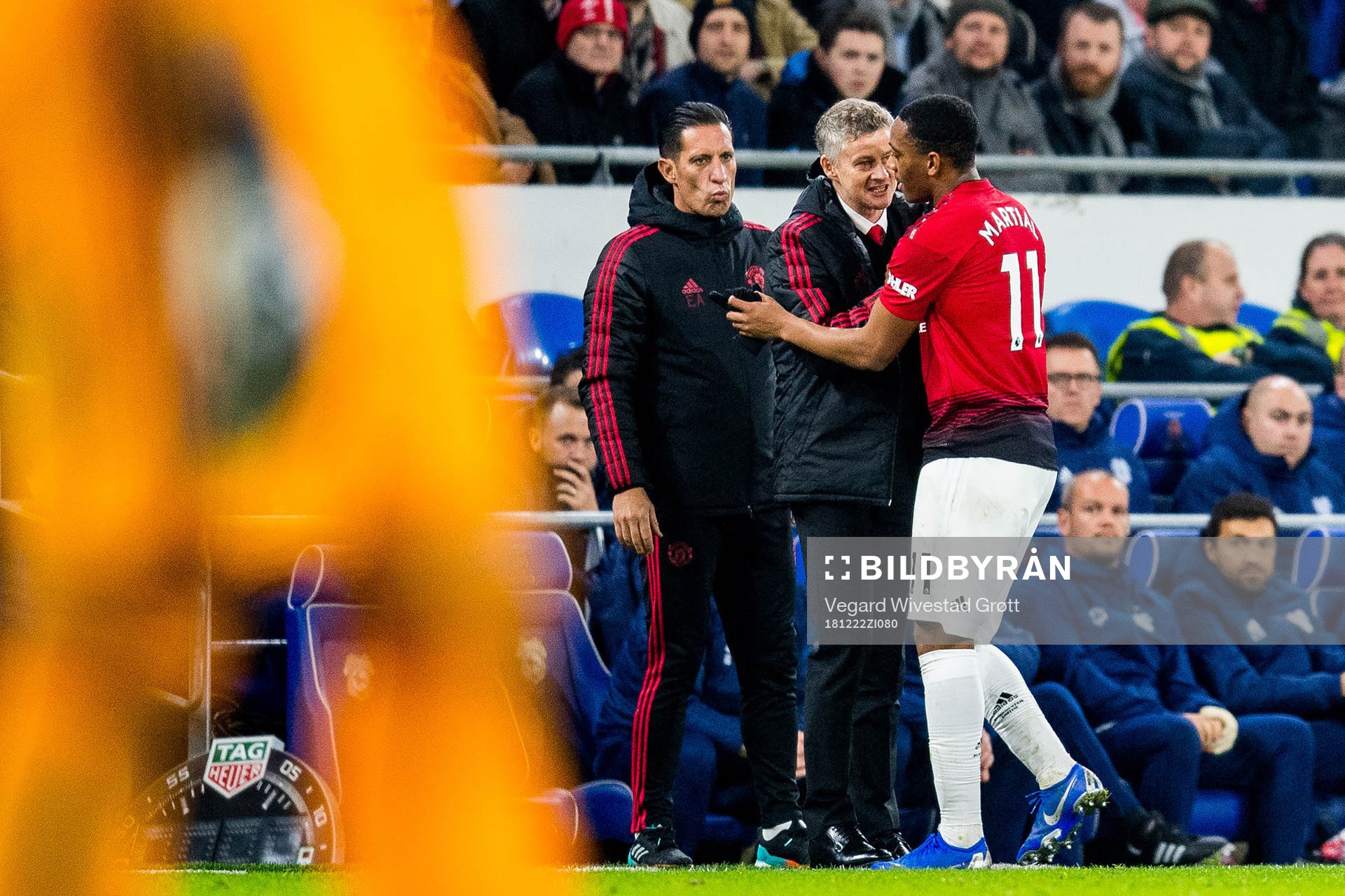 Ole Gunnar Solskjær, manager of Manchester United, and Anthony Martial during the Premier League match between Cardiff and Manchester United on December 22, 2018 in Cardiff.