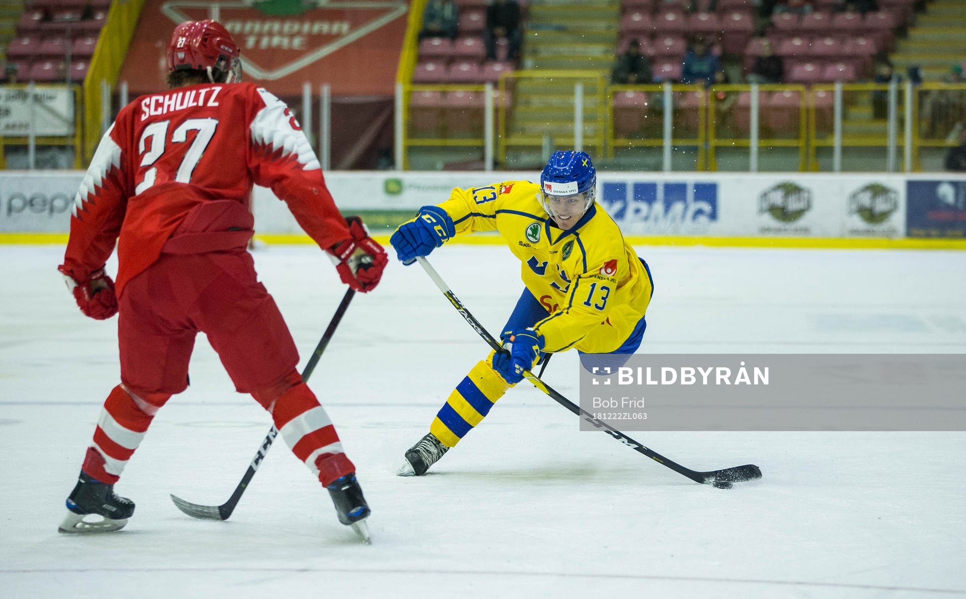 Sweden forward Johan Södergran (13)  shoots past Denmark