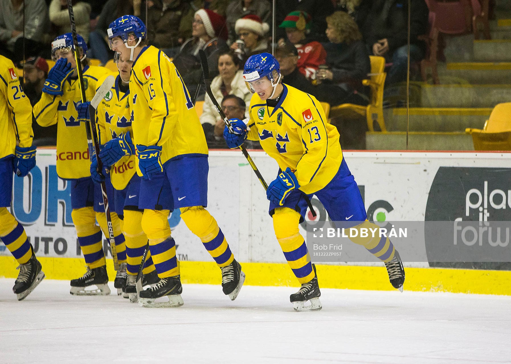 Sweden forward Johan Södergran (13) celebrates his second