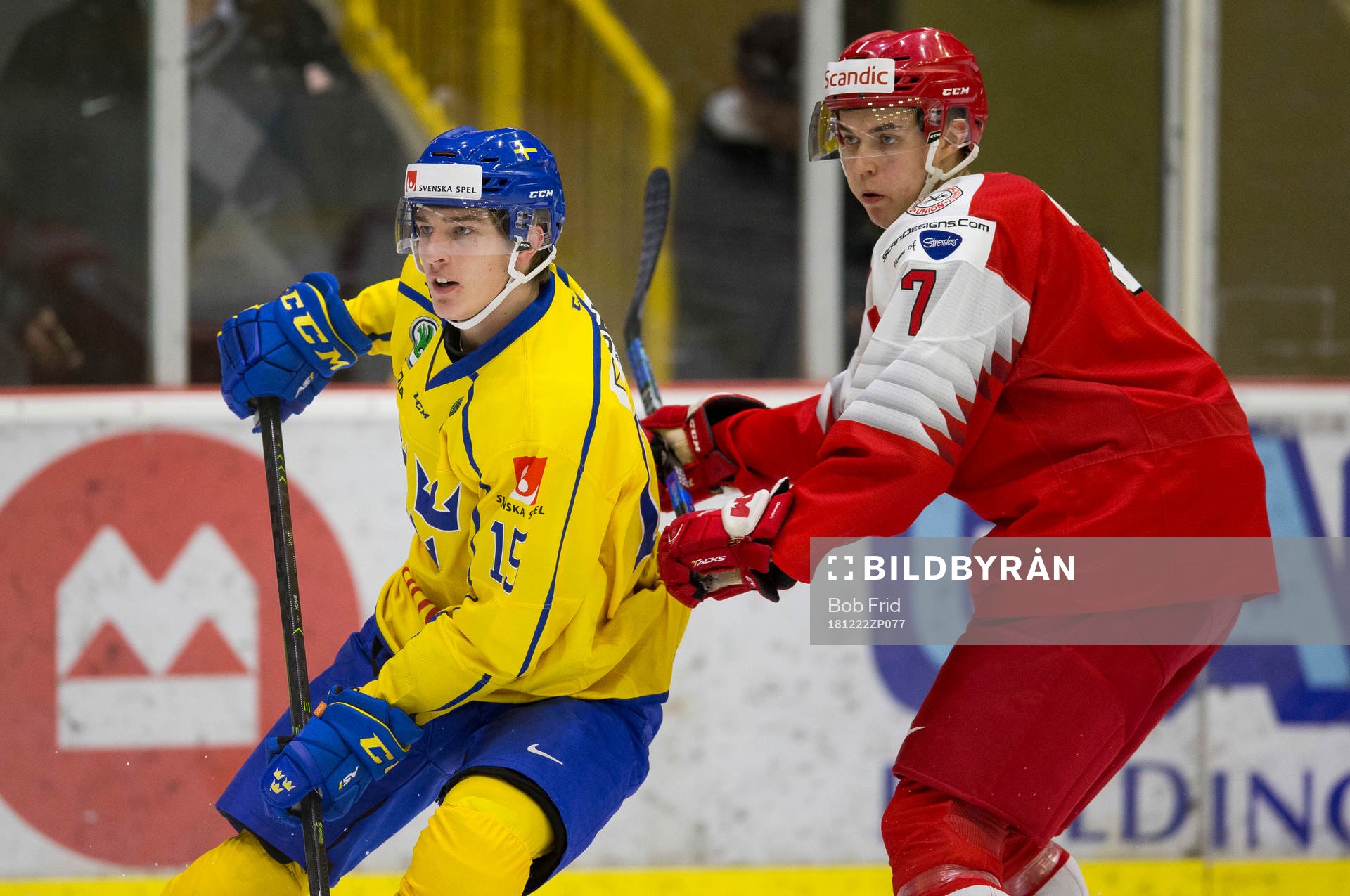 Sweden forward Oskar Bäck (15) battles with Denmark