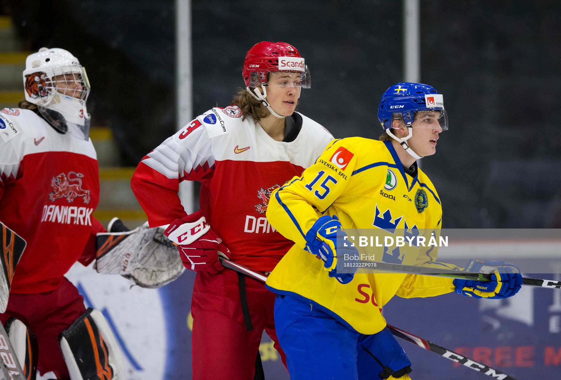 Denmark defenceman Malte Setkov (3) battles with Sweden