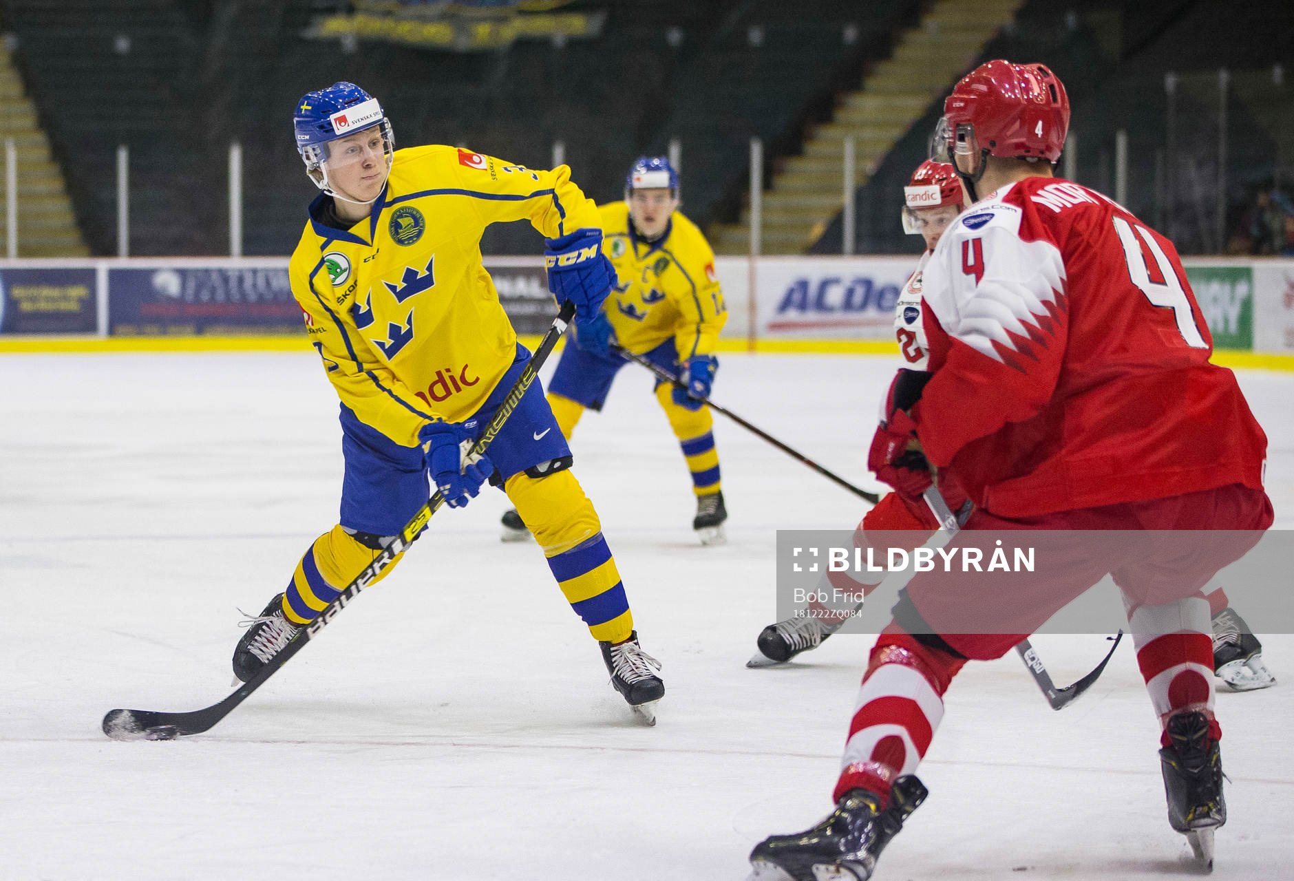 Sweden defenceman Adam Boqvist (3) shoots against Denmark