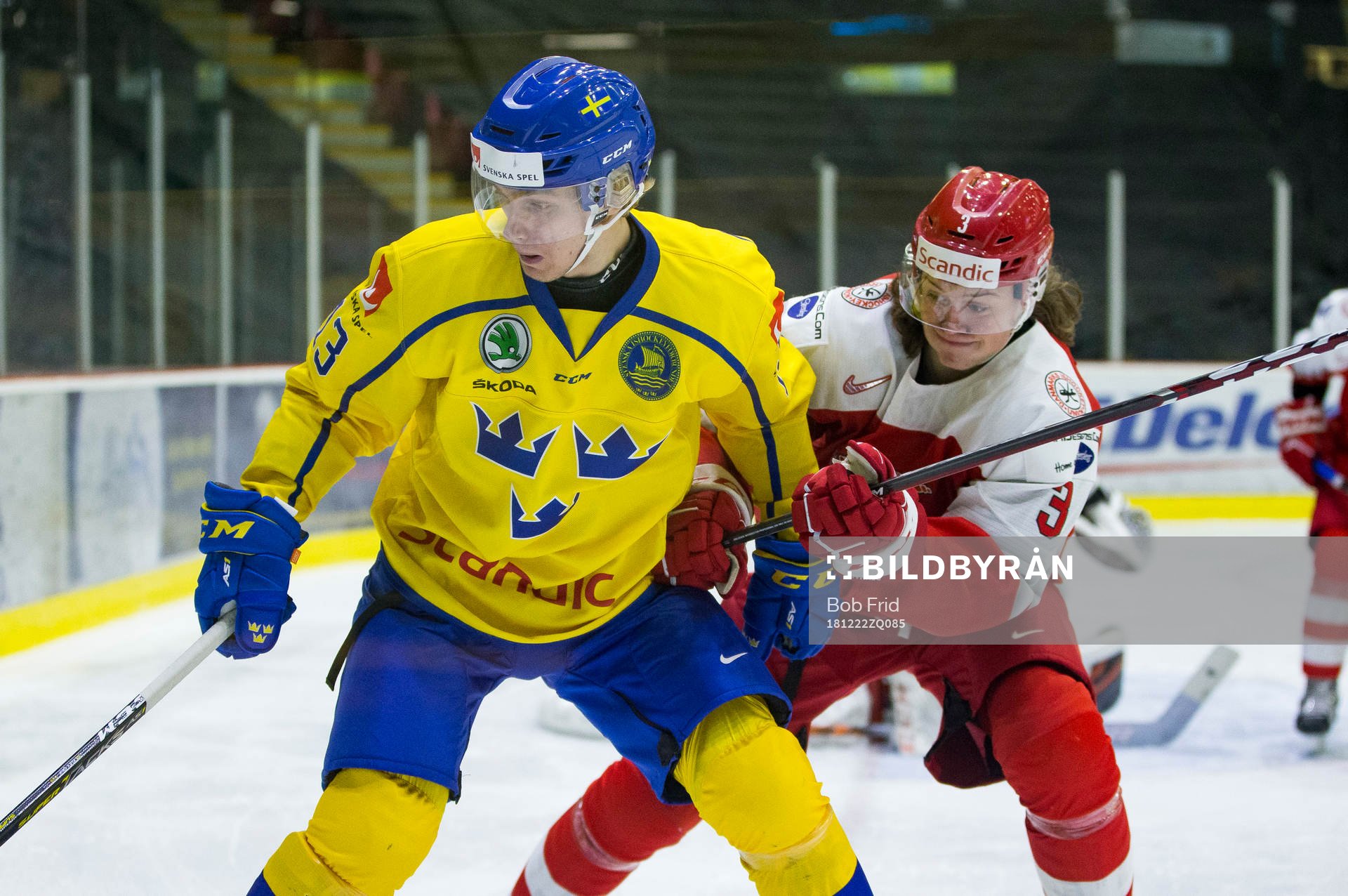Denmark defenceman Malte Setkov (3)  checks Sweden forward