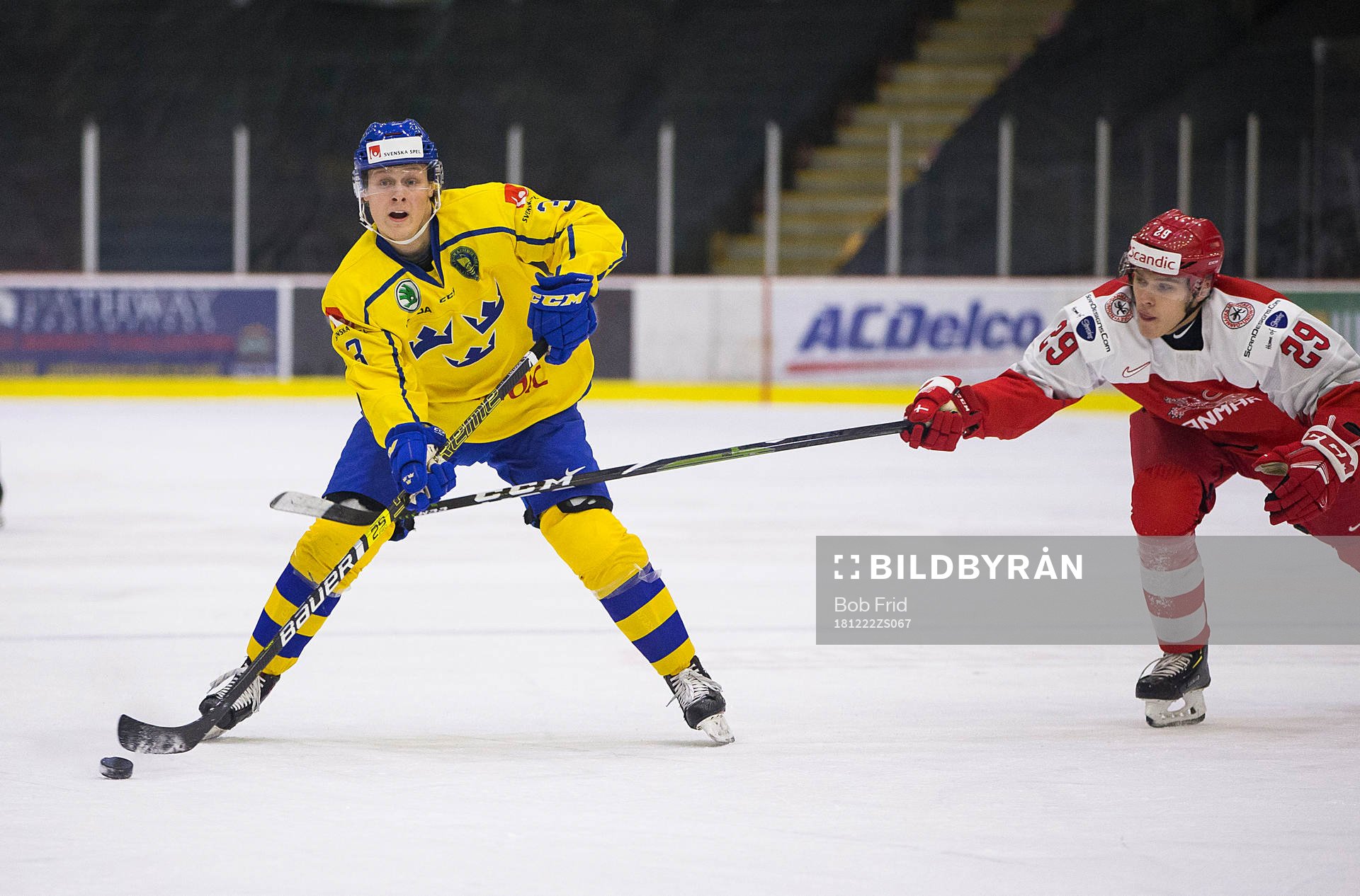 Denmark forward Victor Cubars (29) checks Sweden defenceman