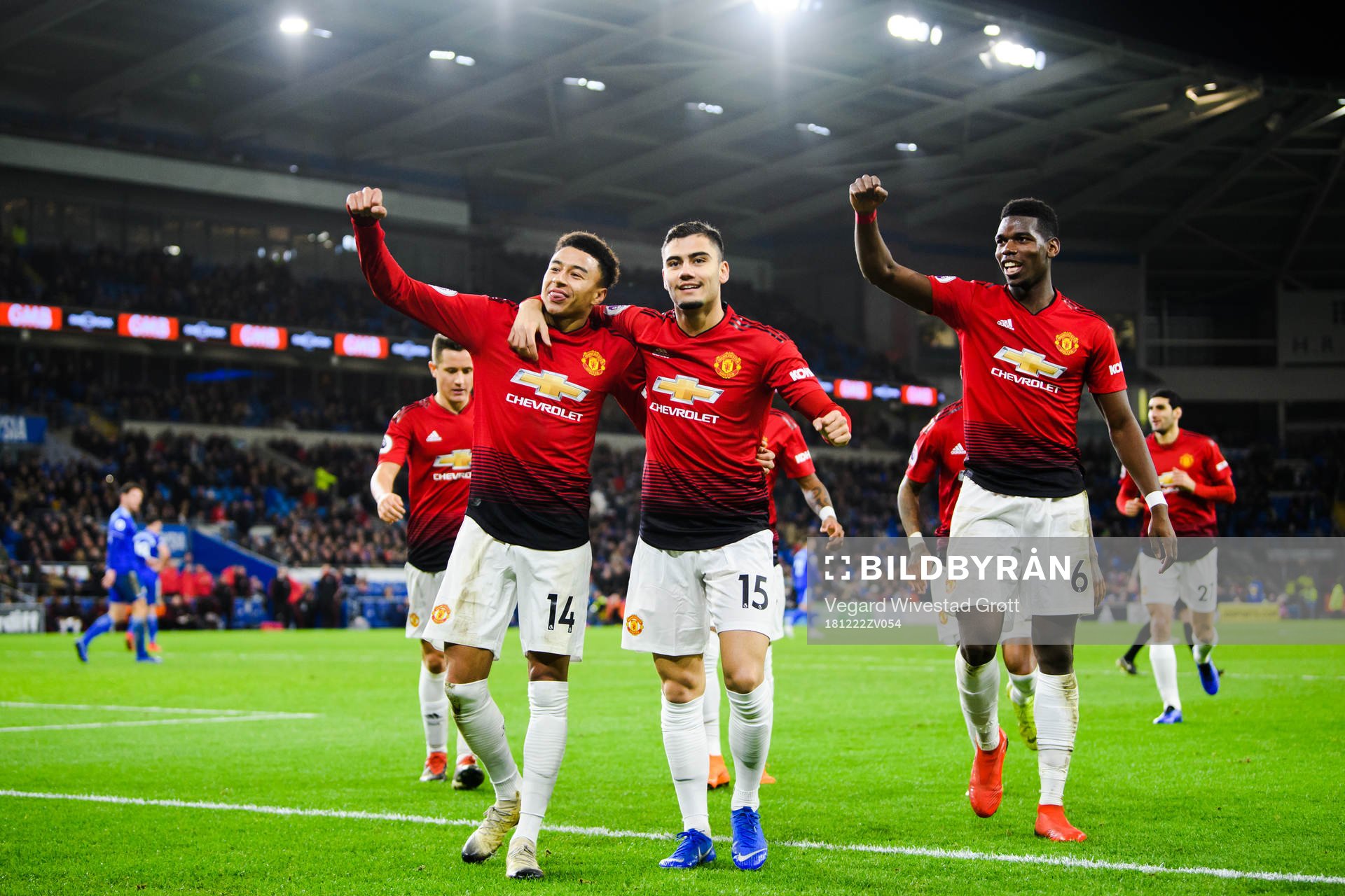 Jesse Lingard, Andreas Pereira and Paul Pogba of Manchester