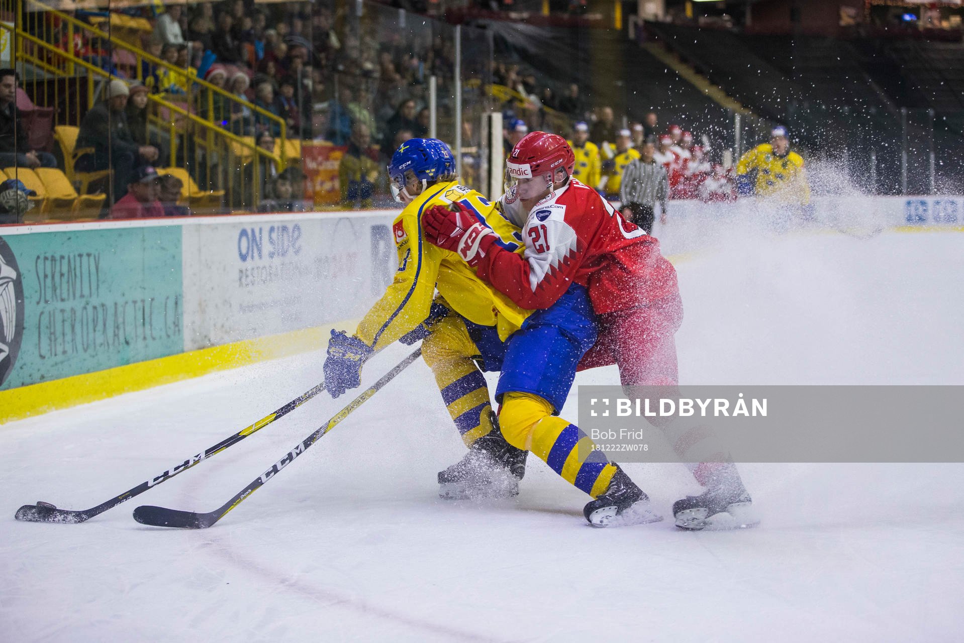 Denmark forward Phillip Schultz (27) checks Sweden forward