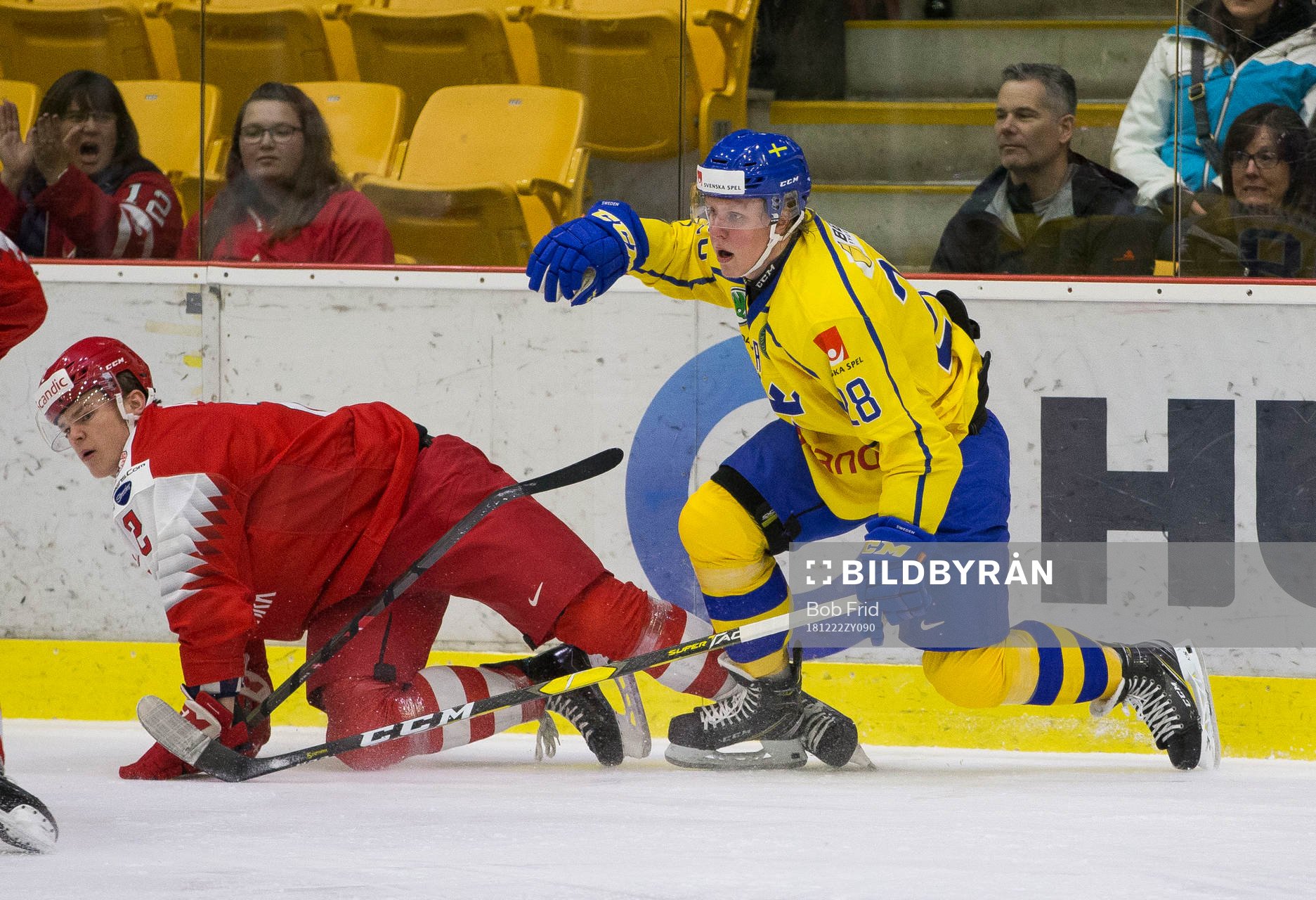 Sweden forward Jacob Olofsson (18) checks Denmark