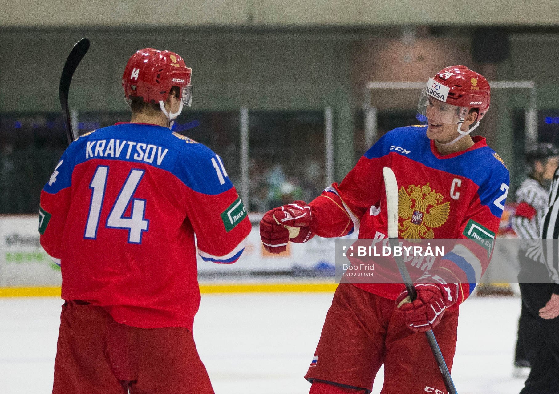 Russia forward Vitalii Kravtsov (14) and forward Klim