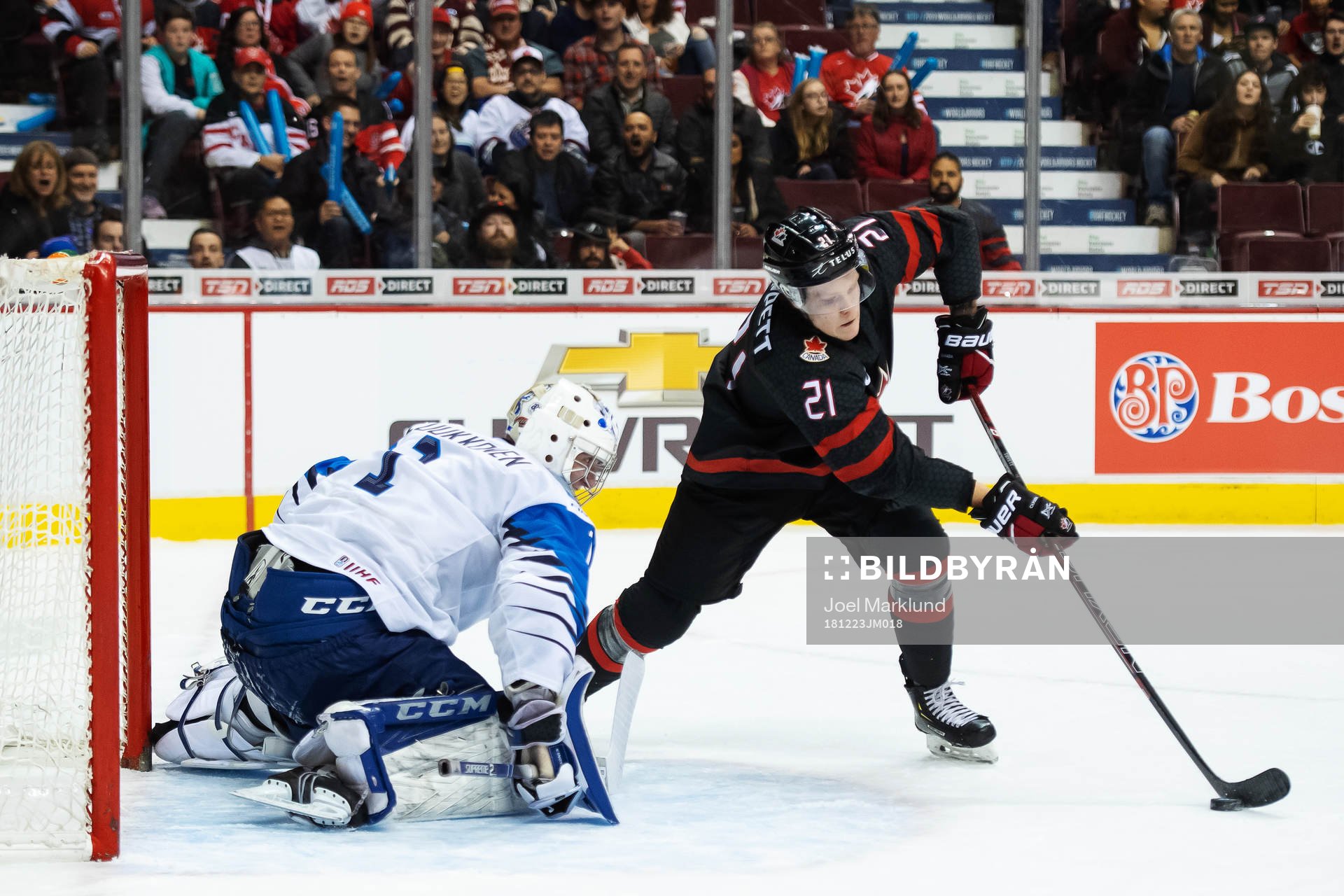 Goalkeeper Ukko-Pekka Luukkonen of Finland is being